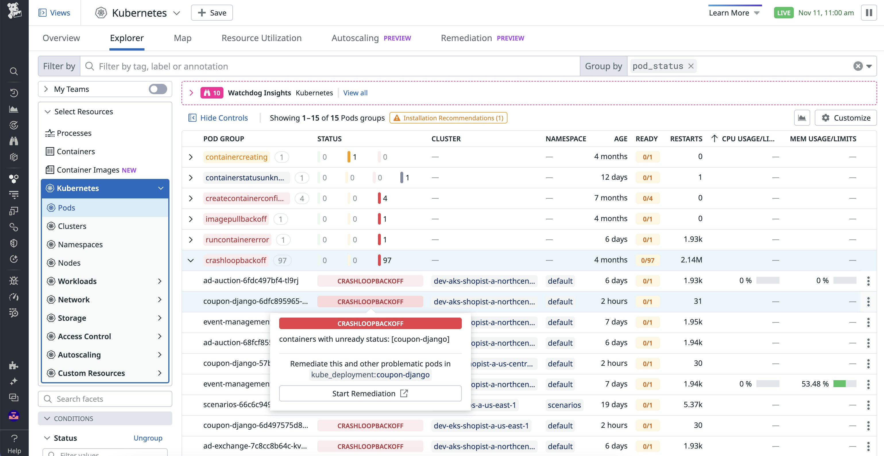 A Kubernetes error whose pop-up window shows a Start Remediation button. A Kubernetes error whose pop-up window shows a Start Remediation button.