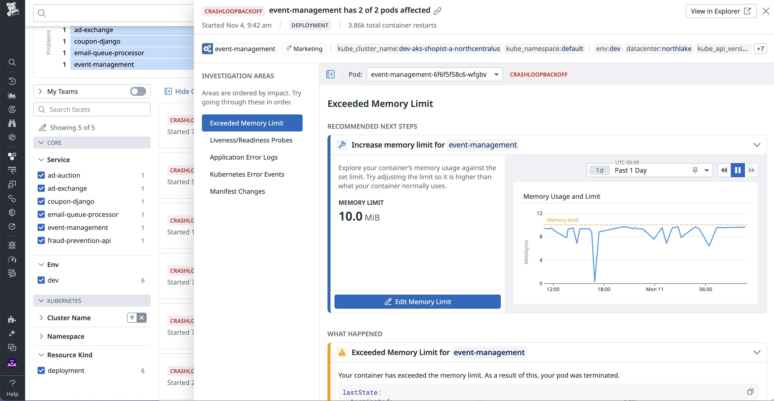 A side panel for a Kubernetes error that shows a root cause and investigation areas. A side panel for a Kubernetes error that shows a root cause and investigation areas.