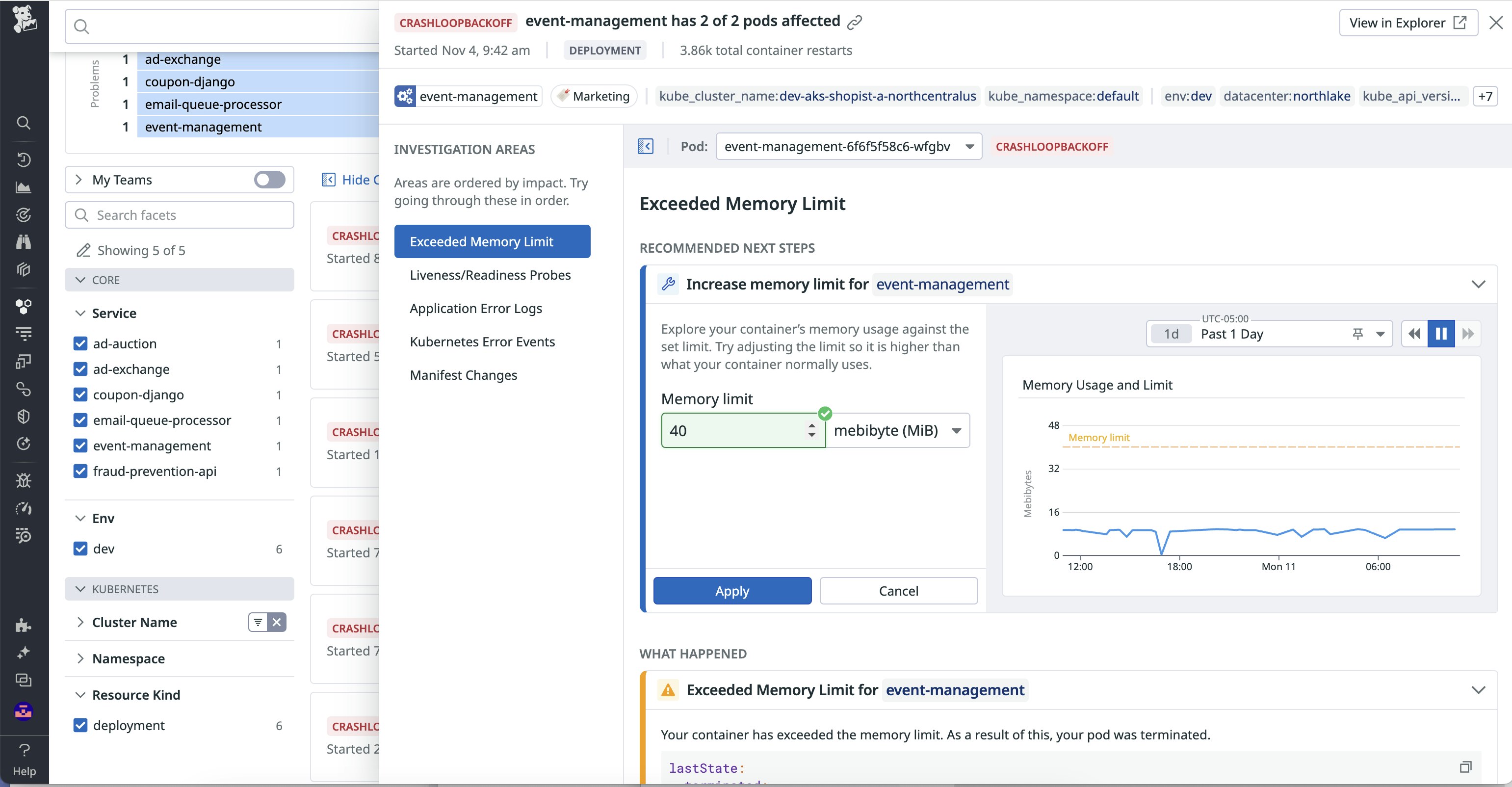 Changing the memory limit assigned to a workload from within an error’s side panel in Kubernetes Explorer. Changing the memory limit assigned to a workload from within an error’s side panel in Kubernetes Explorer.