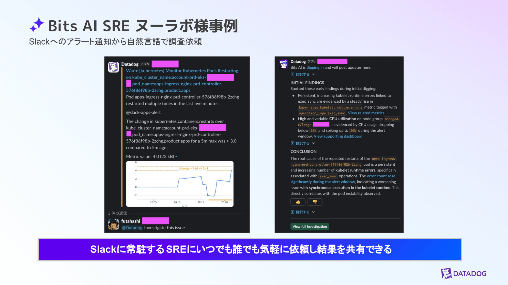 Slack 上で Bits AI SRE に調査依頼を行い、結果を確認している様子を示すスライド。 Slack 上で Bits AI SRE に調査依頼を行い、結果を確認している様子を示すスライド。