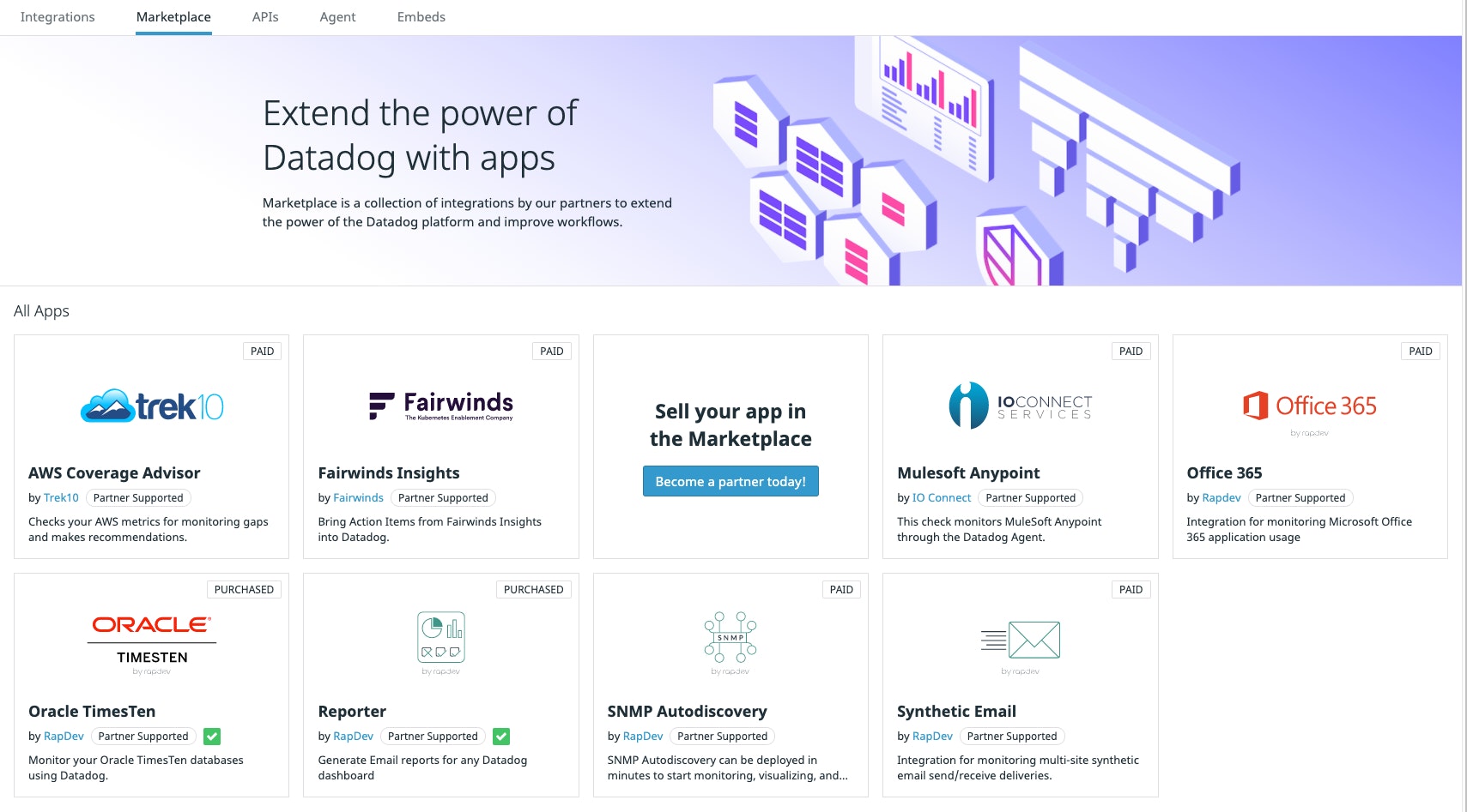 The Marketplace lets developers trade their Datadog applications. The Marketplace lets developers trade their Datadog applications.