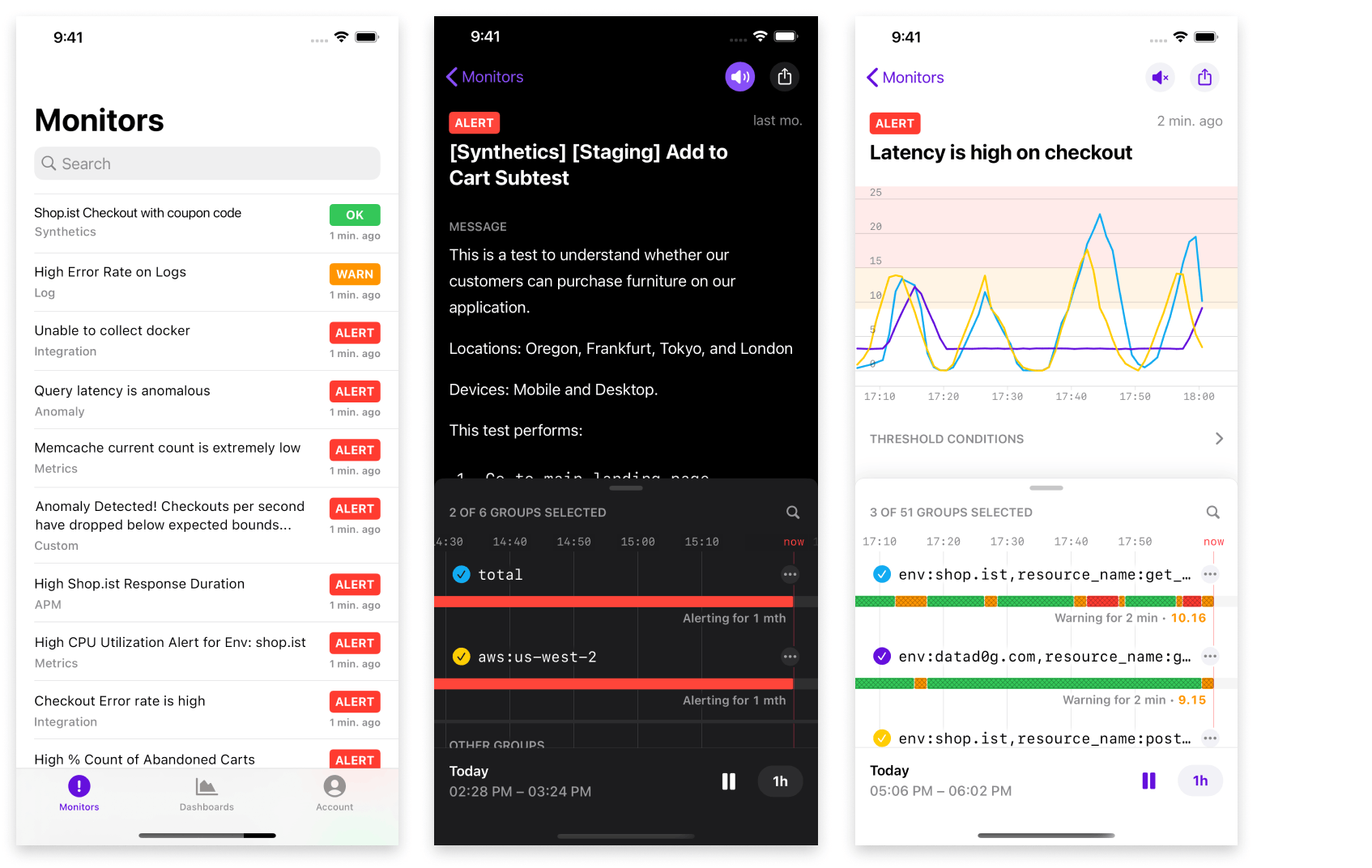 Datadog モバイルアプリでモニターにフルアクセス。 Datadog モバイルアプリでモニターにフルアクセス。