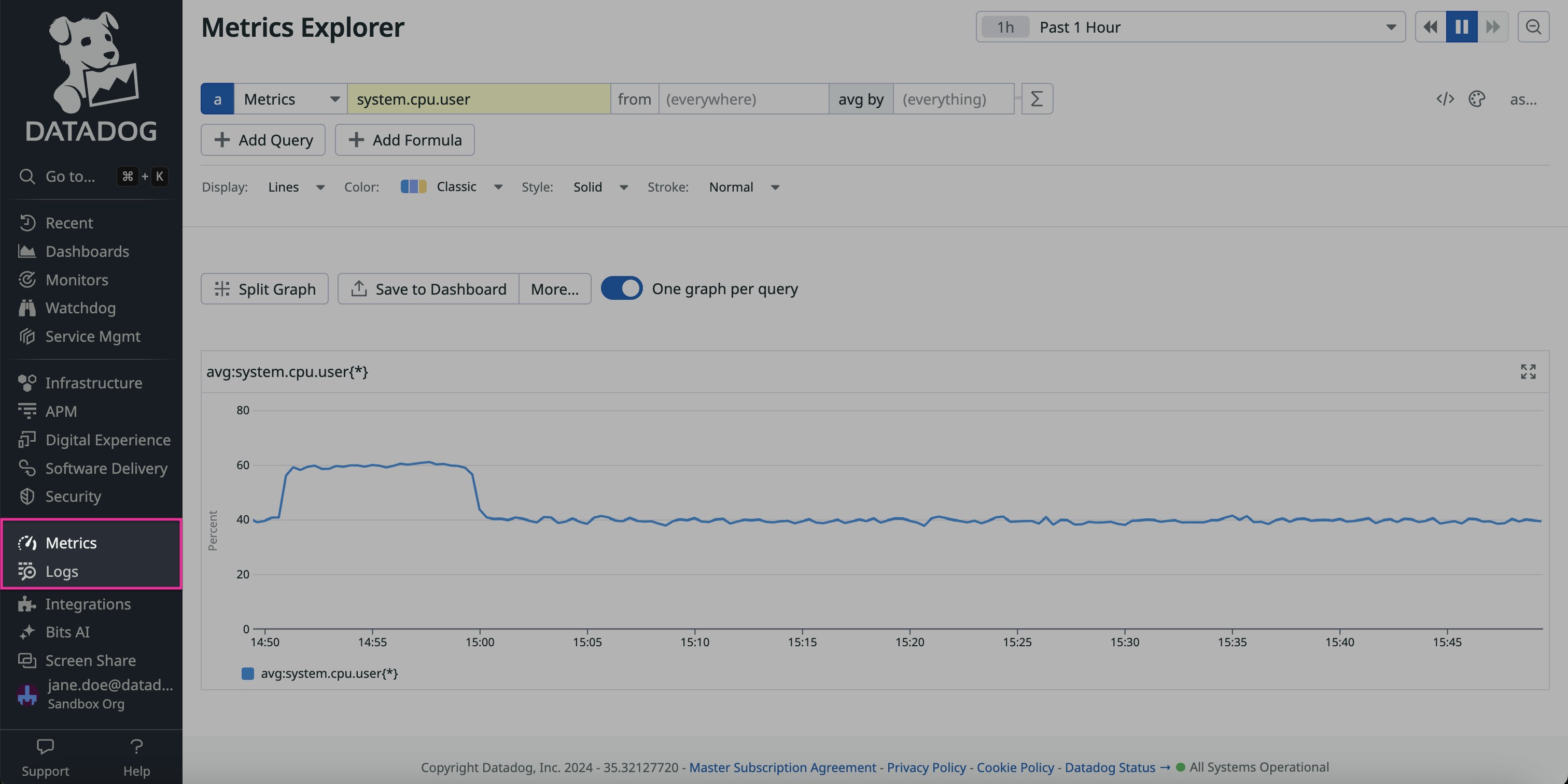 The Datadog sidebar, with the metrics and logs links highlighted. The Datadog sidebar, with the metrics and logs links highlighted.