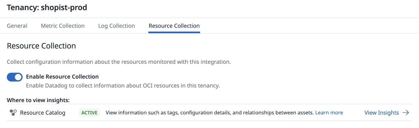Toggle resource collection in the integration tile. Toggle resource collection in the integration tile.