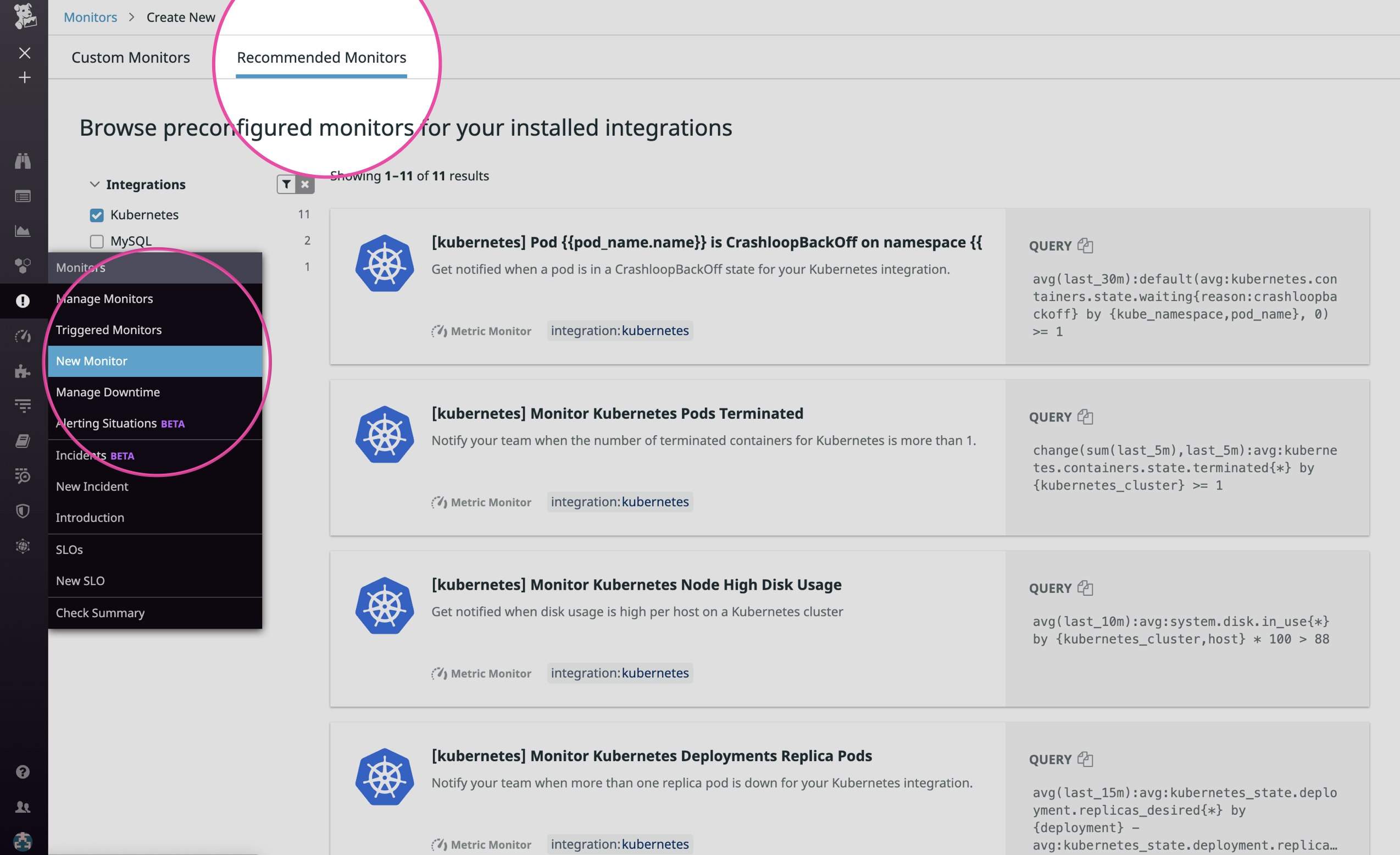 First click 'New Monitor' under the 'Monitors' dropdown, then click 'Recommended Monitors.' First click 'New Monitor' under the 'Monitors' dropdown, then click 'Recommended Monitors.'