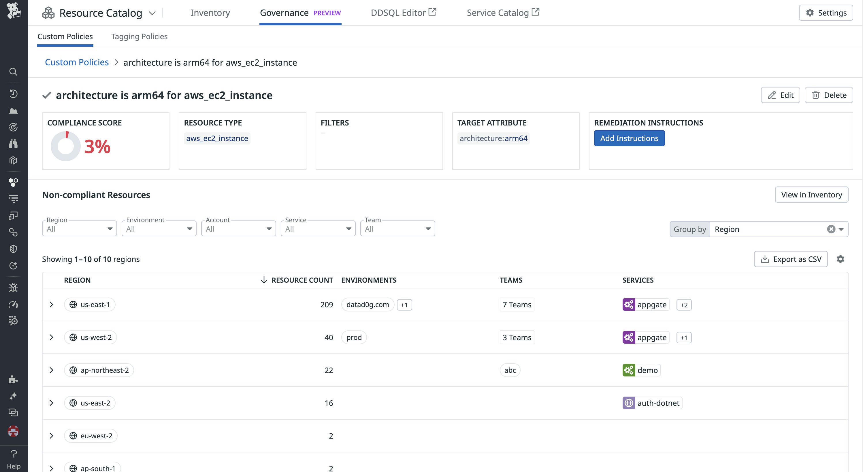 Viewing custom policies in the Resource Catalog Governance view Viewing custom policies in the Resource Catalog Governance view