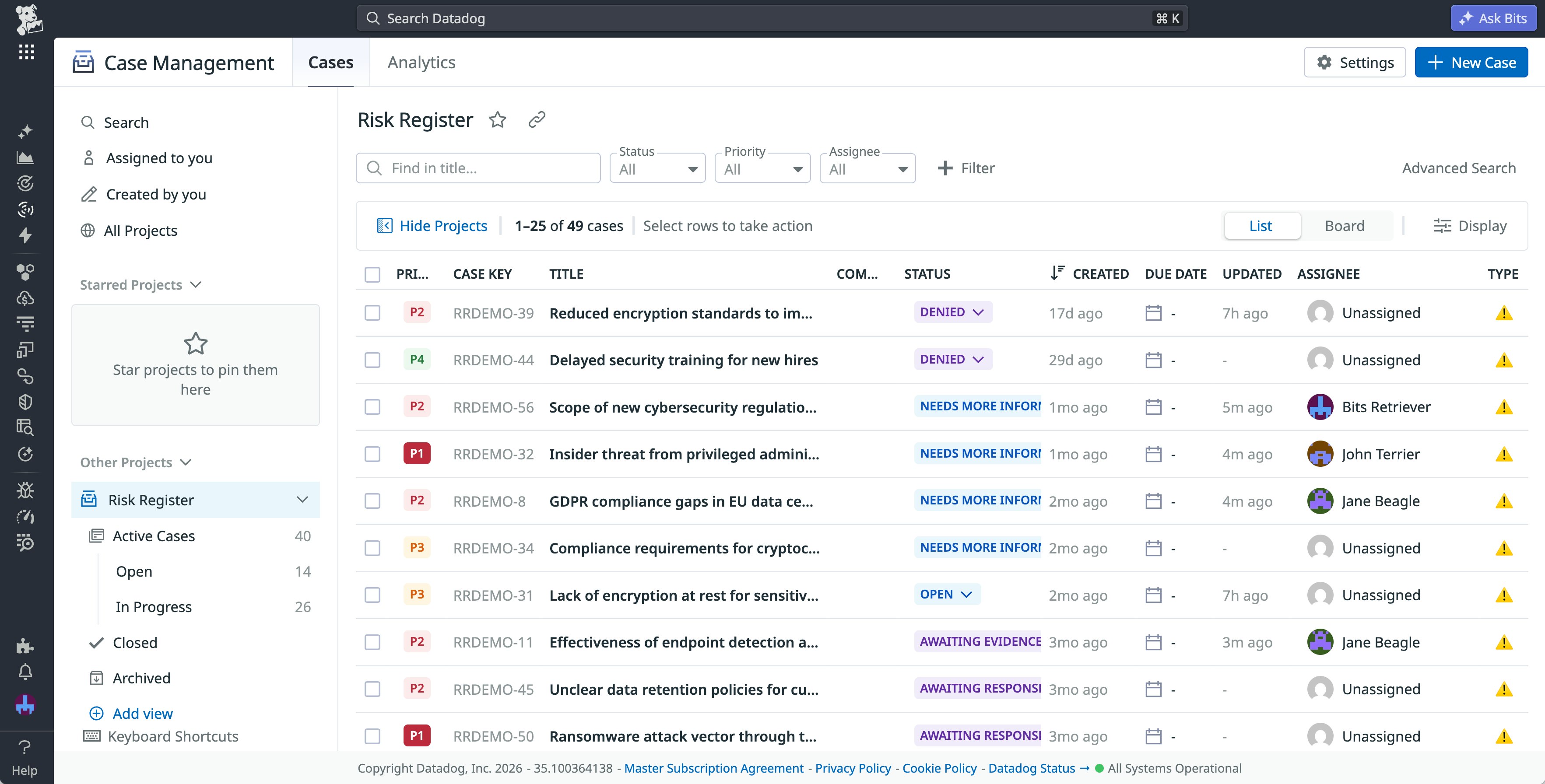 The risk register in Case Management, showing a list of risks across different stages and priorities. The risk register in Case Management, showing a list of risks across different stages and priorities.