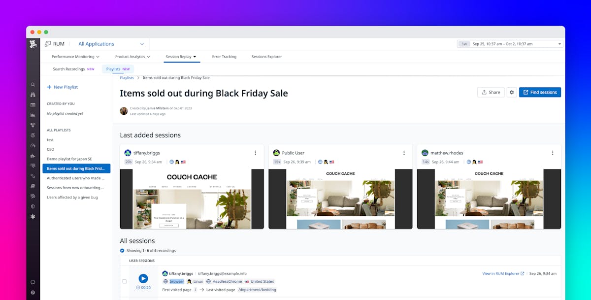 Organize and analyze related session replays with Playlists in Datadog RUM