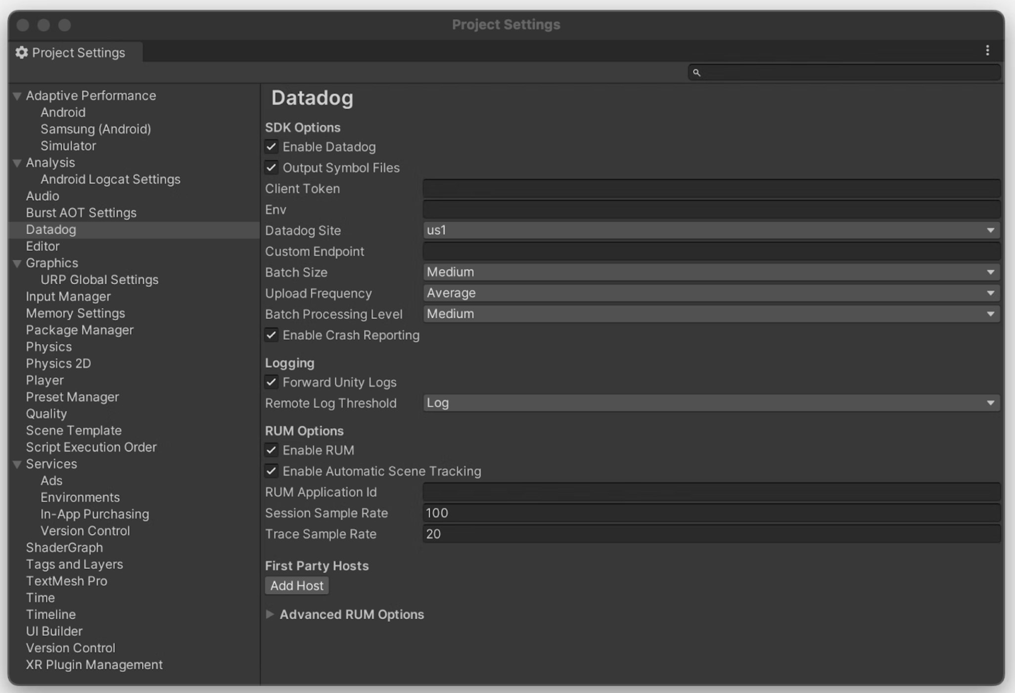 Enable Datadog in Unity's project settings Enable Datadog in Unity's project settings