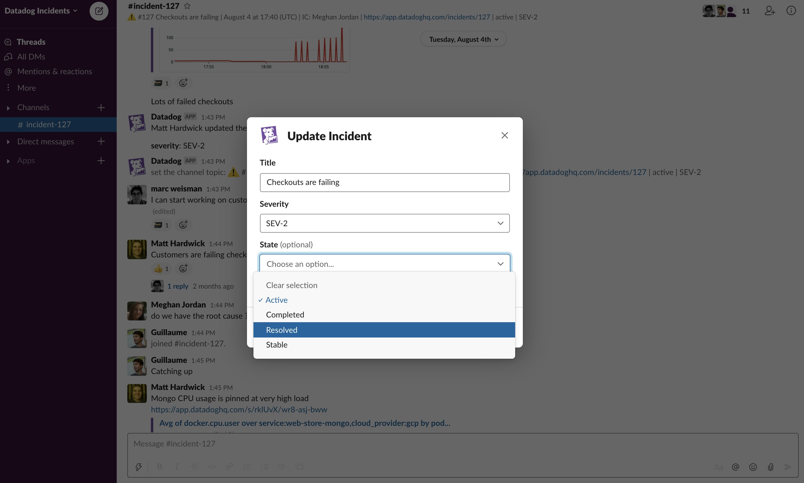 Slack から直接インシデントの詳細を更新。 Slack から直接インシデントの詳細を更新。
