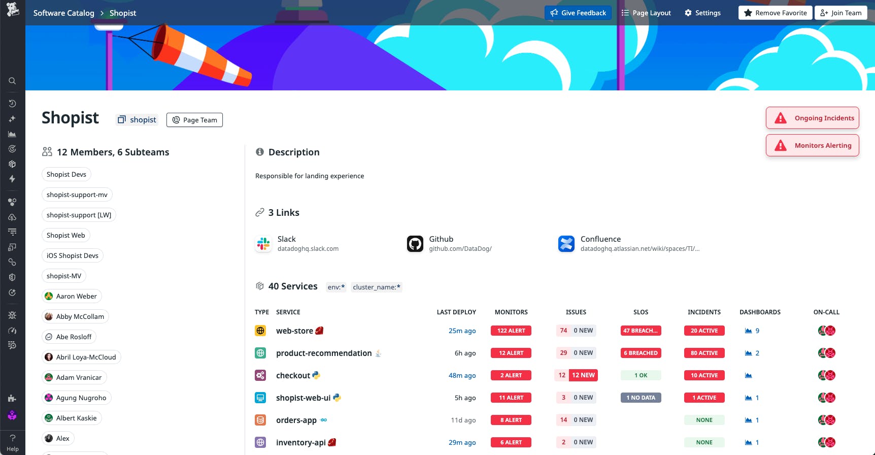 Screenshot of a Datadog Teams page within Datadog IDP showing owned services and related resources