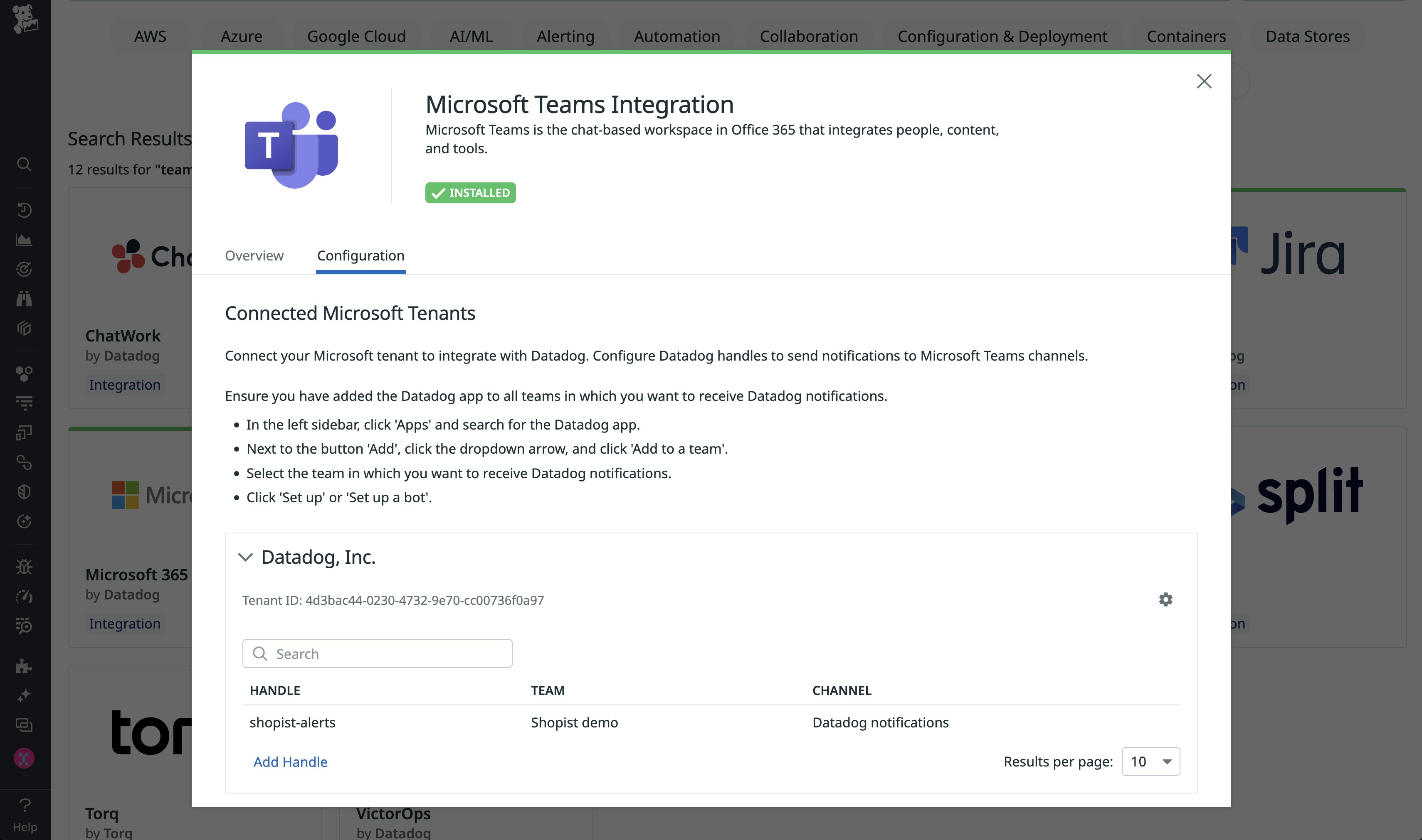 The configuration tile for the Microsoft Teams integration, showing a list of connected tenants. The configuration tile for the Microsoft Teams integration, showing a list of connected tenants.