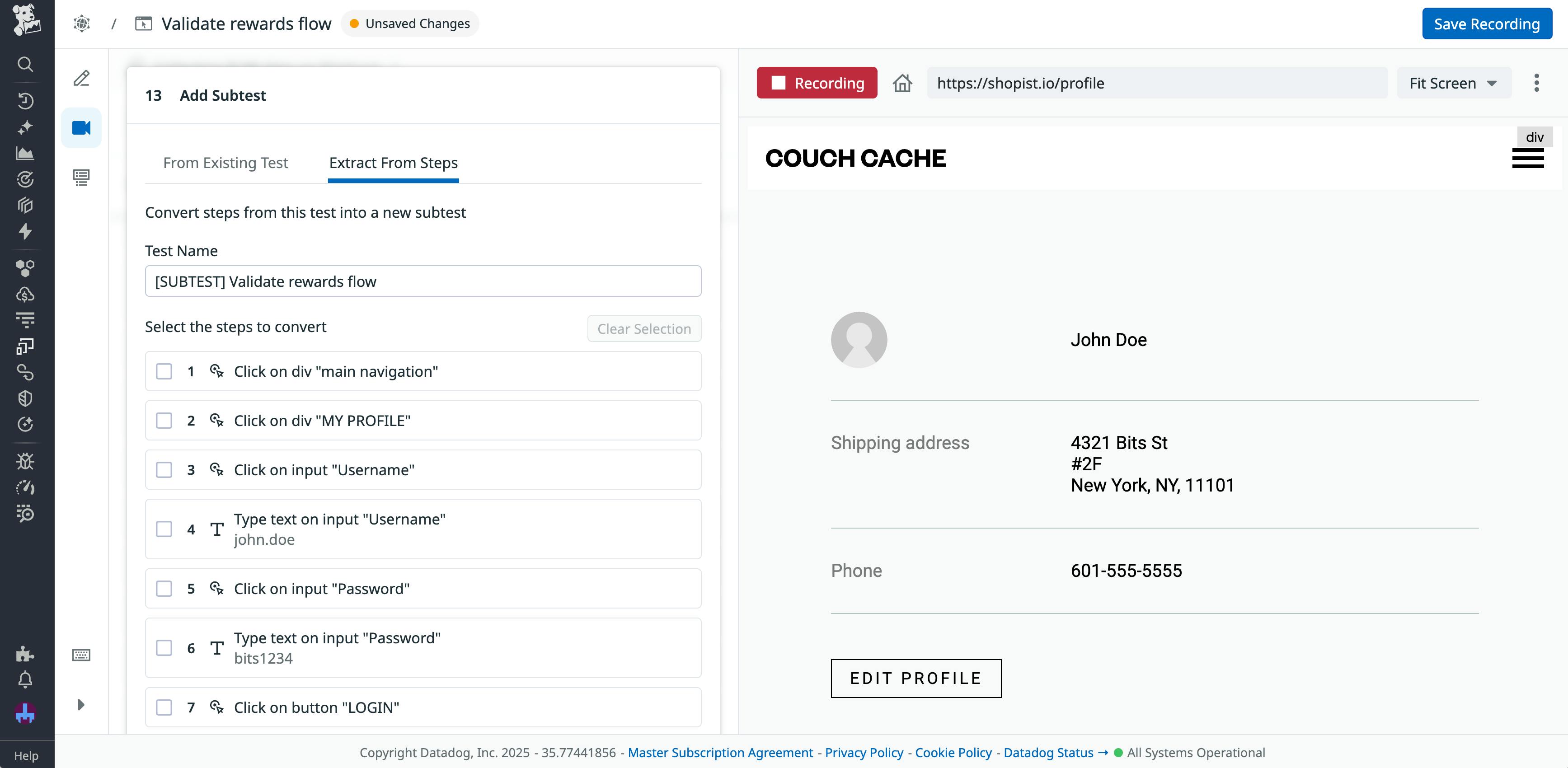 A screenshot of the subtest creation window in Datadog Synthetic Monitoring.