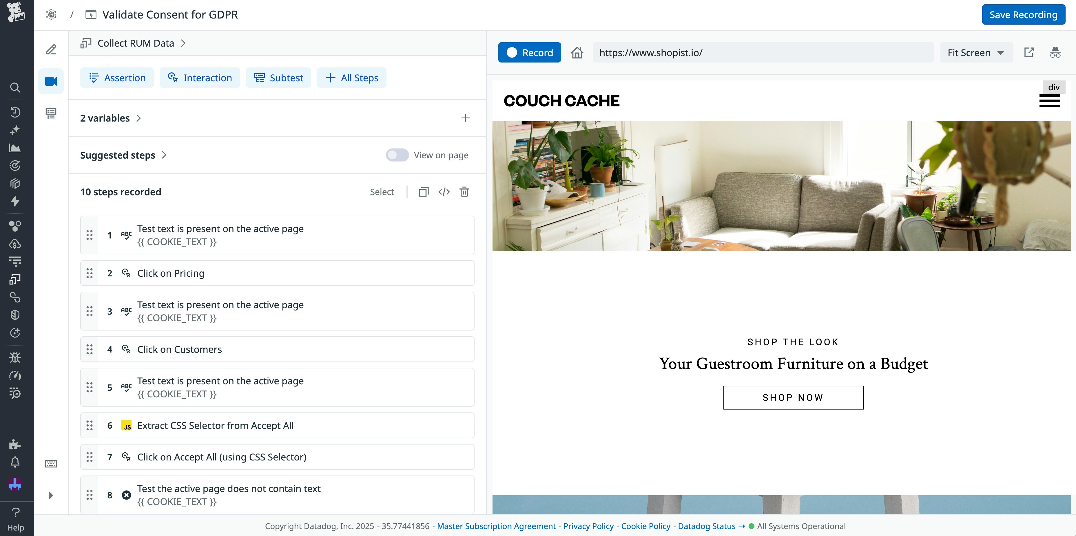 A screenshot of the test creation window in Datadog Synthetic Monitoring. A screenshot of the test creation window in Datadog Synthetic Monitoring.