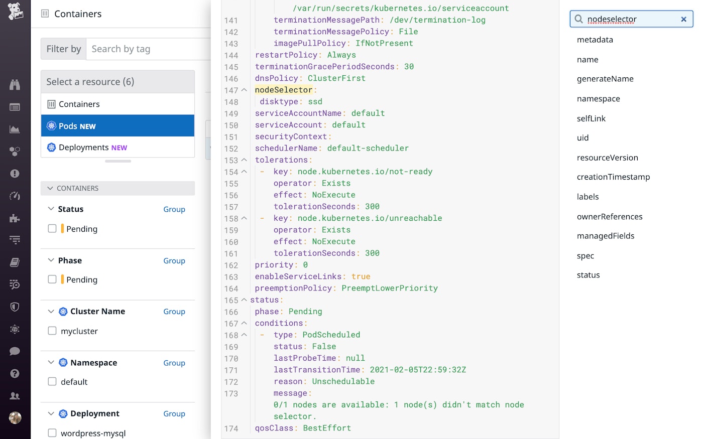 If no available nodes match the node selector specified in a Pending pod's specification, the pod will remain Pending until a suitable node becomes available. If no available nodes match the node selector specified in a Pending pod's specification, the pod will remain Pending until a suitable node becomes available.