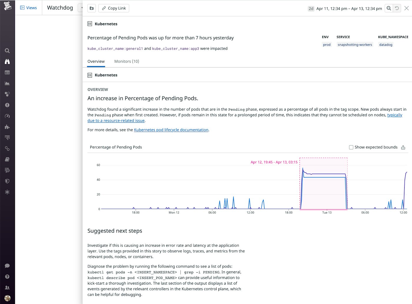 Datadog's Watchdog auto-detection engine helps you understand when there is an abnormal percentage of Kubernetes Pending pods. Datadog's Watchdog auto-detection engine helps you understand when there is an abnormal percentage of Kubernetes Pending pods.