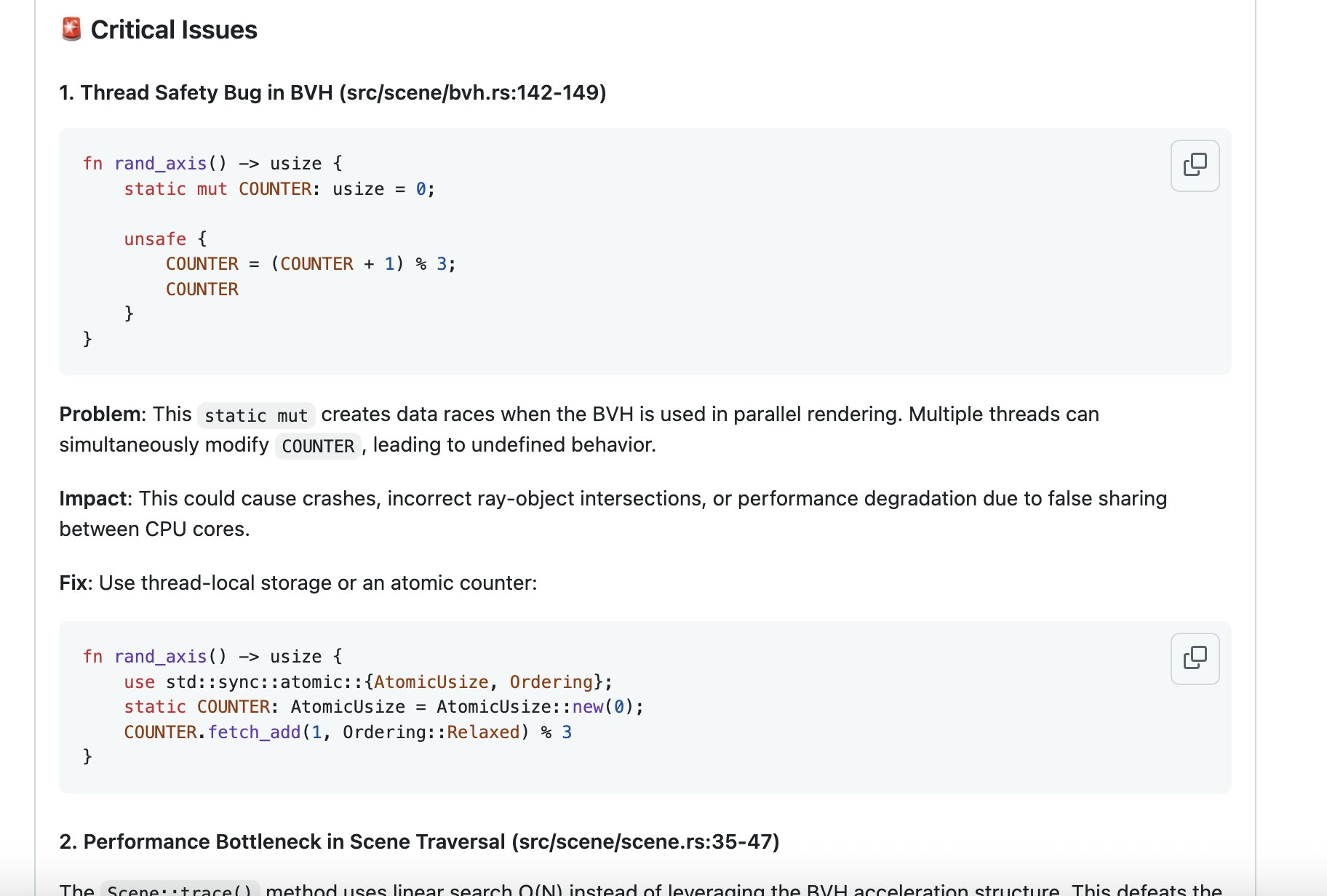 Claude is able to identify the data race issues and performance bottlenecks we previously discussed. Claude is able to identify the data race issues and performance bottlenecks we previously discussed.