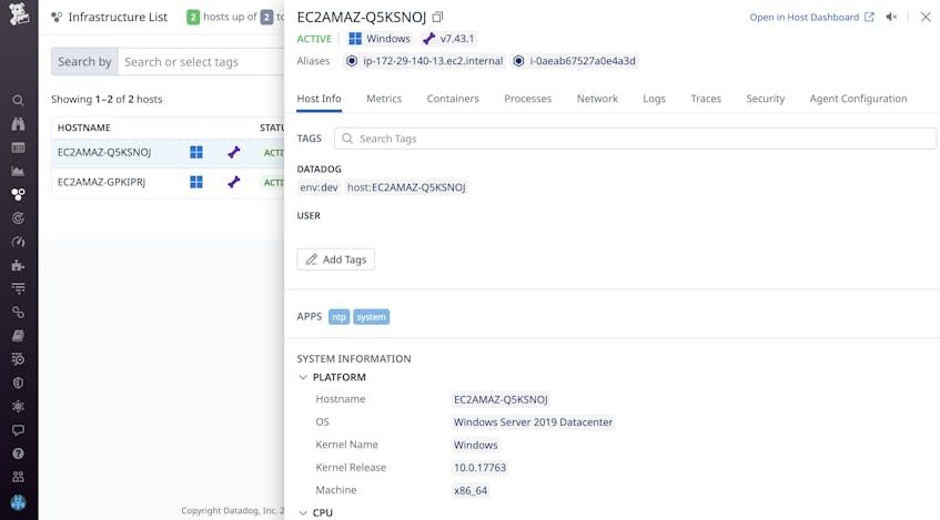 View your managed Windows hosts in Datadog's Infrastructure list.