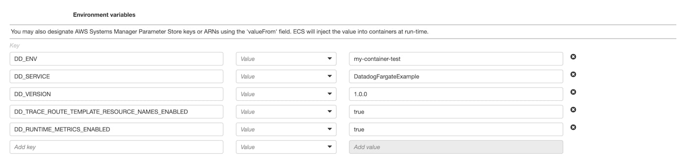 Environment variables for the application container Environment variables for the application container