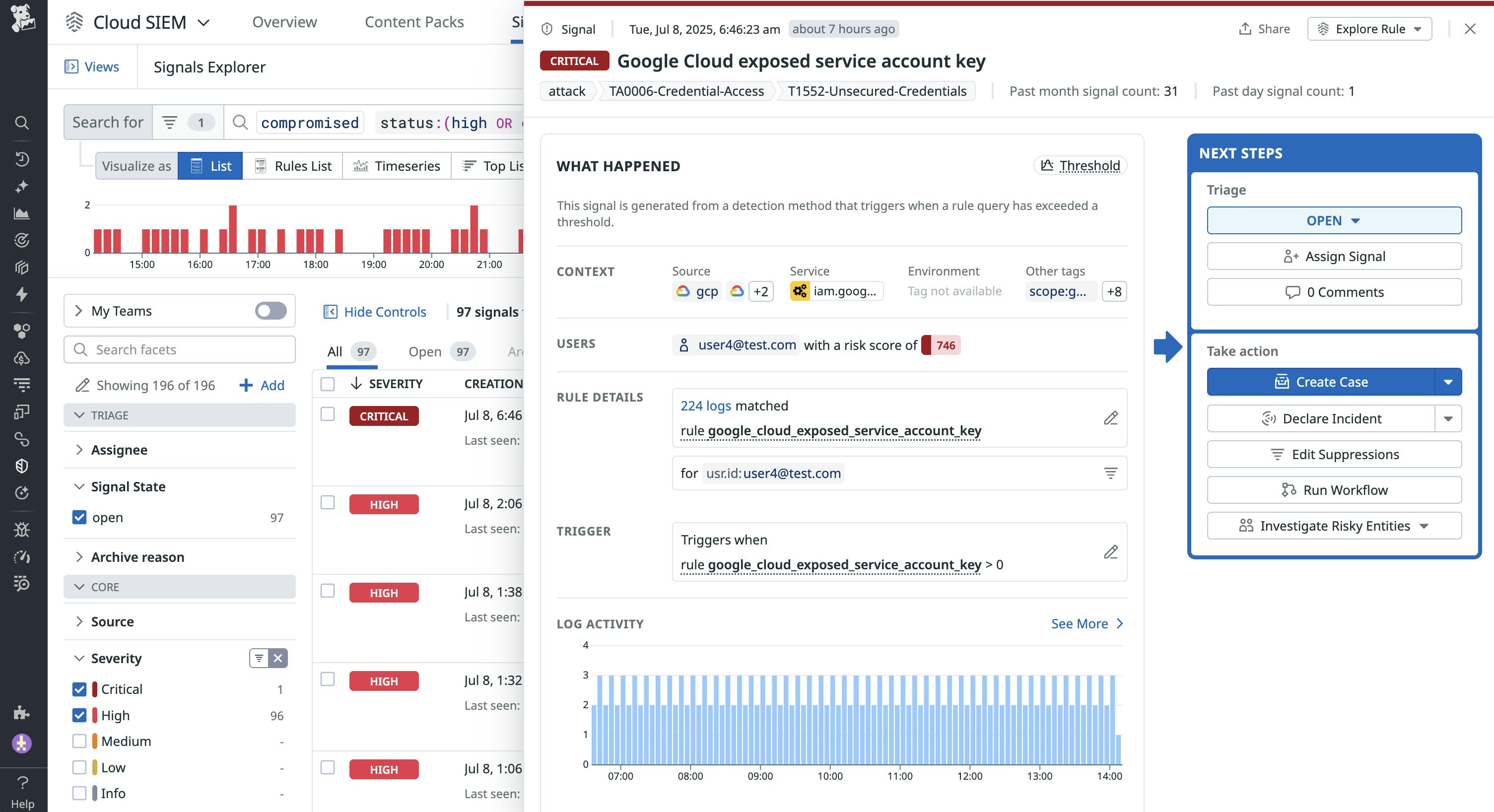 Datadog security signal for a compromised Google Cloud key Datadog security signal for a compromised Google Cloud key