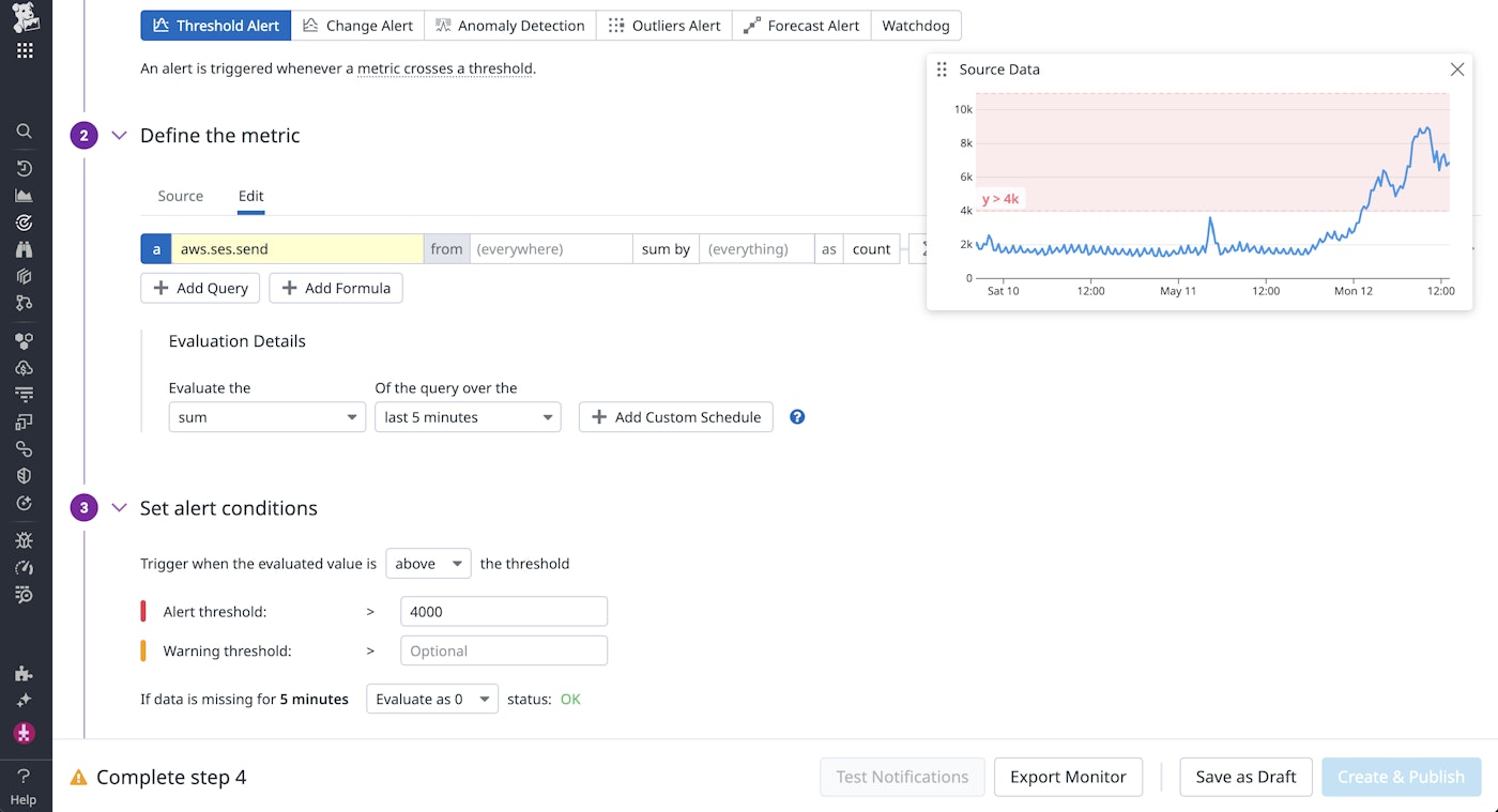 Datadog threshold monitor that tracks the Amazon SES send metric. Datadog threshold monitor that tracks the Amazon SES send metric.