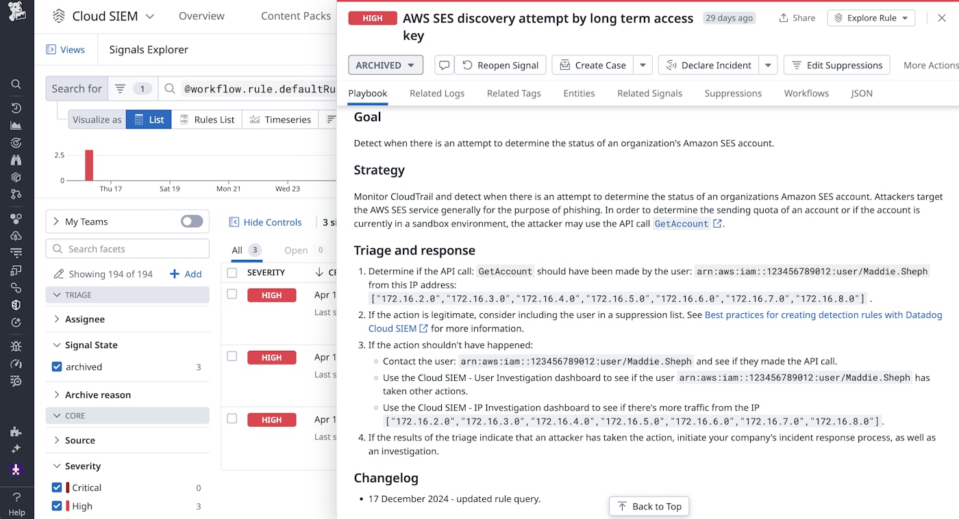 Datadog Cloud SIEM signal that shows an Amazon SES discovery attempt. Datadog Cloud SIEM signal that shows an Amazon SES discovery attempt.