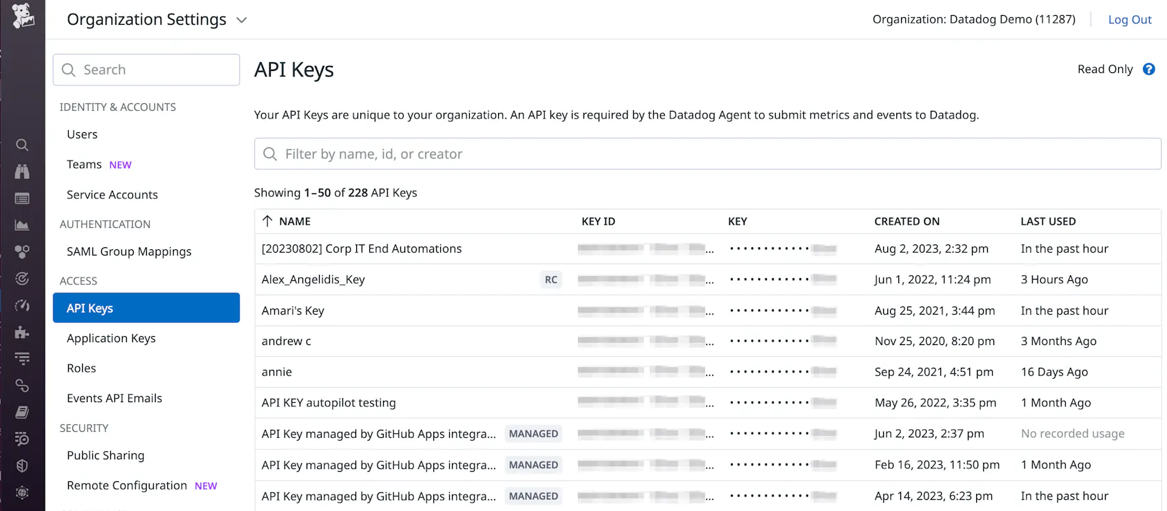 On the API key management page of your Datadog account, you can see the last time an API key was used.