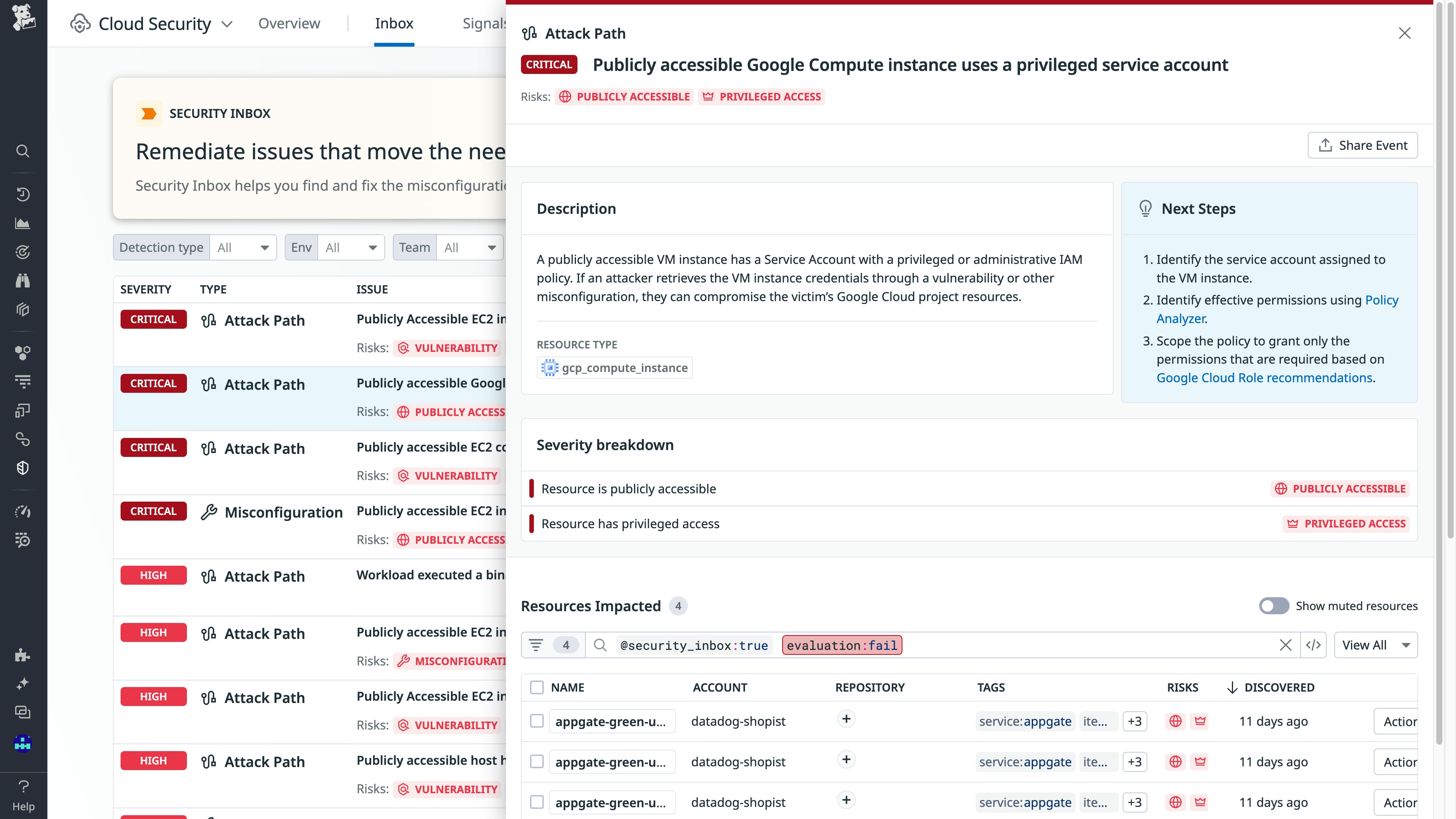 Datadog identifies an internet-facing Google Cloud Compute instance tied to a privileged entity Datadog identifies an internet-facing Google Cloud Compute instance tied to a privileged entity