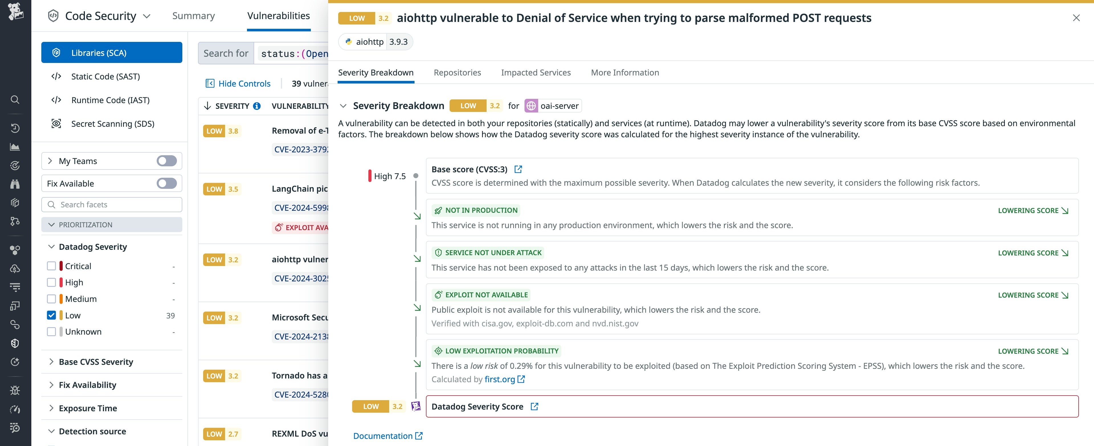 Finding with adjusted severity in Datadog Code Security Finding with adjusted severity in Datadog Code Security