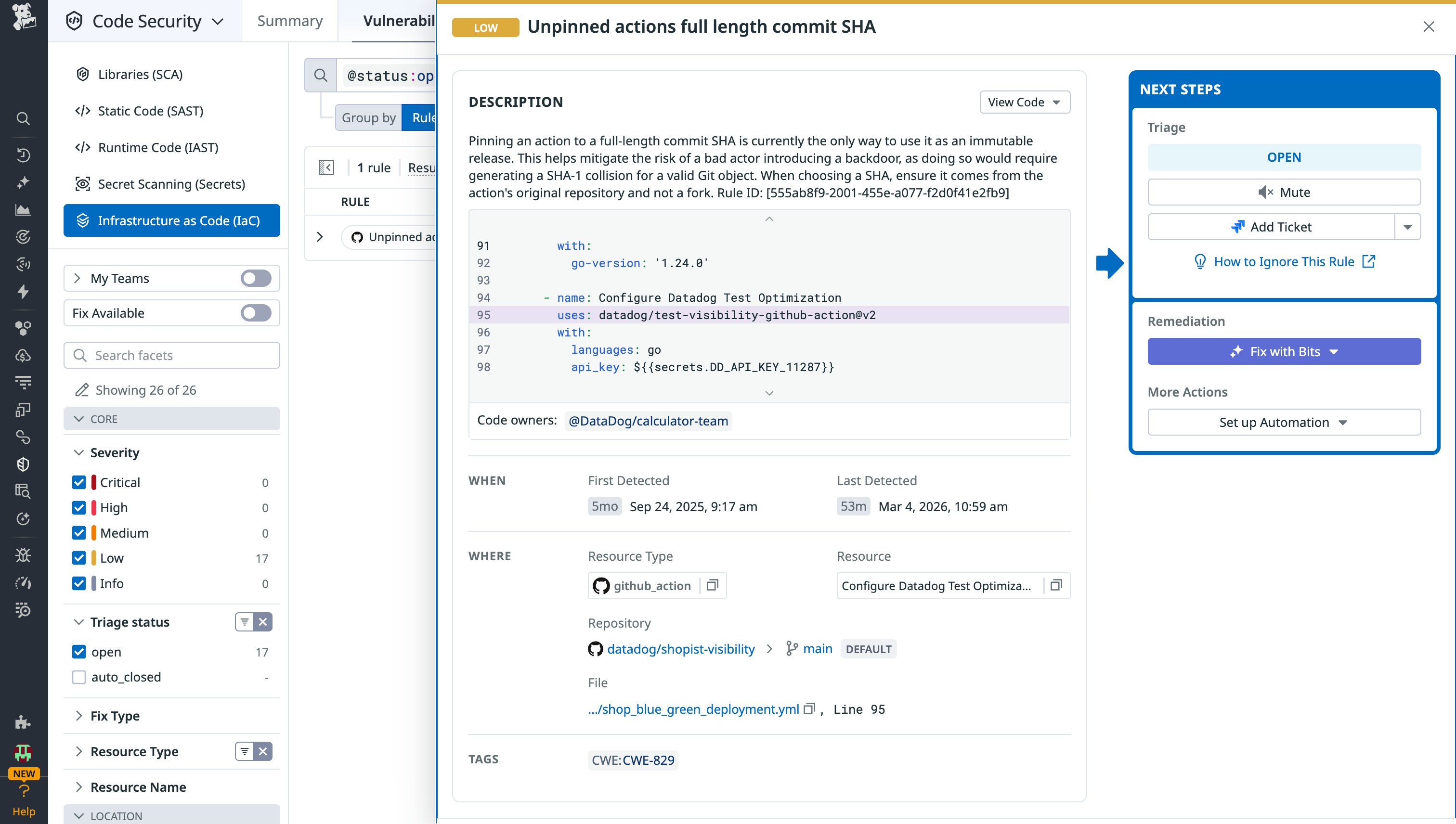 A screenshot showing an alert highlighting unpinned actions in GitHub A screenshot showing an alert highlighting unpinned actions in GitHub