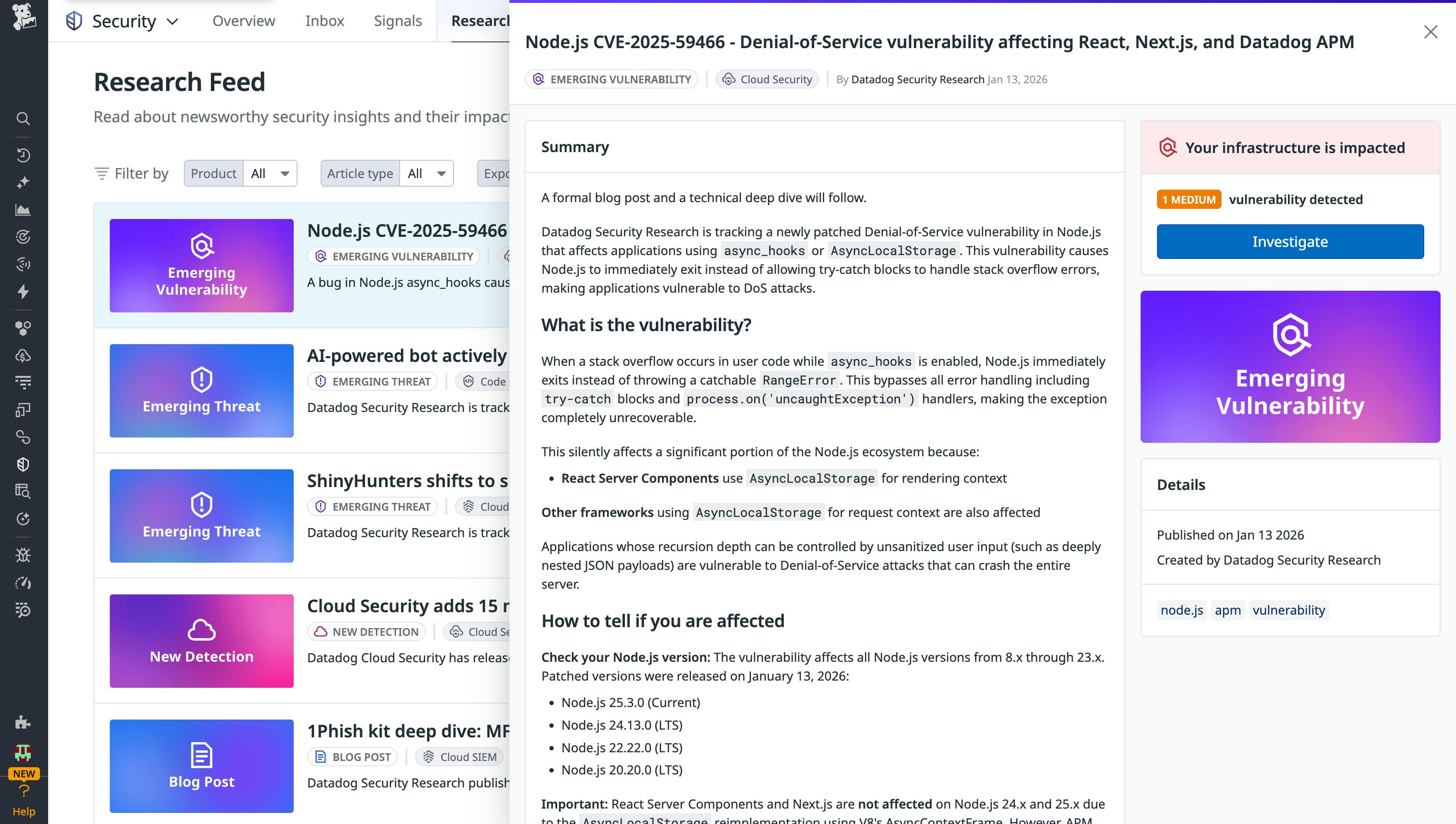 A screenshot showing the Security Research Feed in Datadog