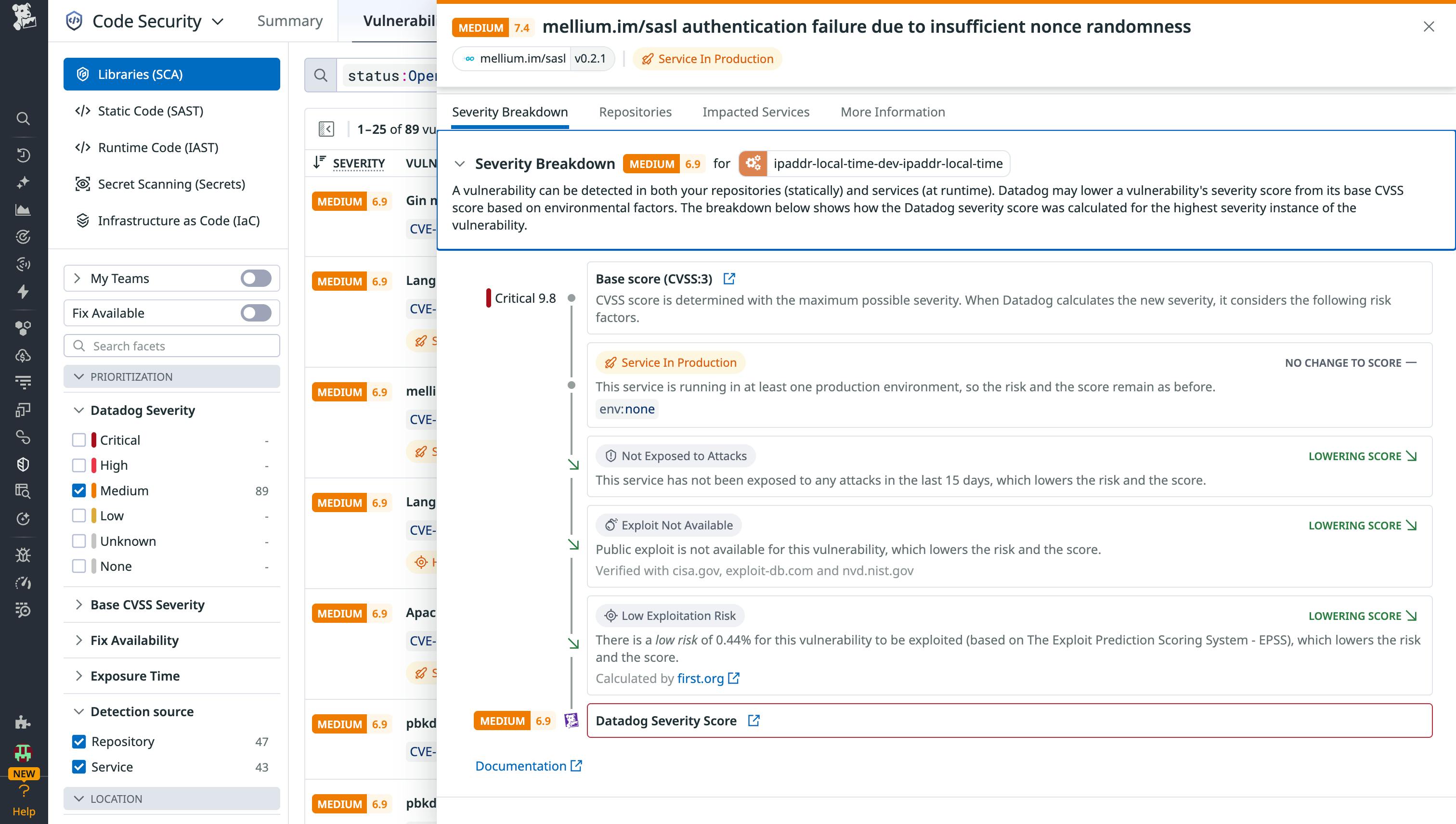 A screenshot showing the Datadog severity score for a once-critical vulnerability
