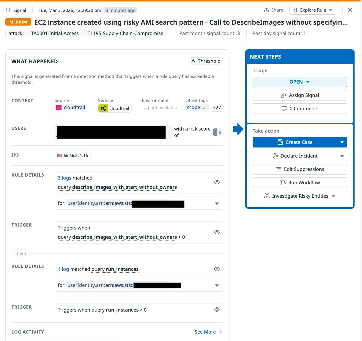 A screenshot showing an EC2 instance alert for using risky AMI pattern A screenshot showing an EC2 instance alert for using risky AMI pattern