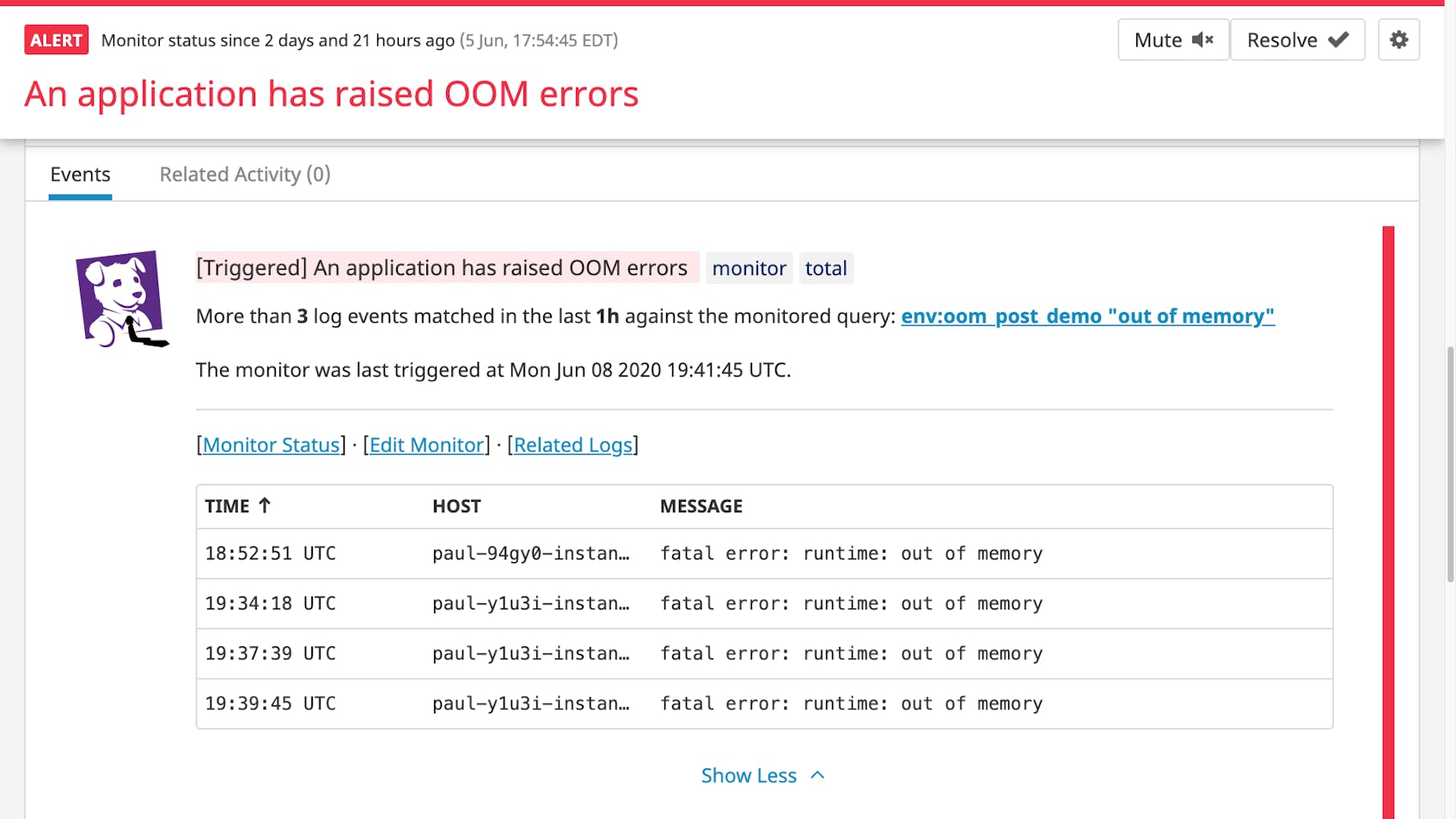An alert based on OOM error logs.