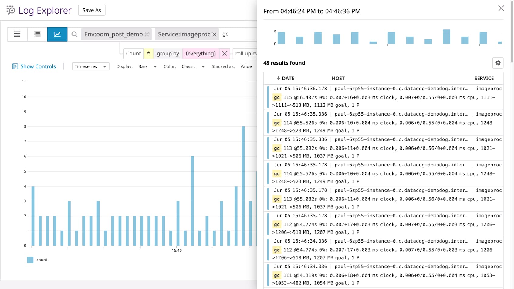 Datadog's Log Analytics view showing Golang garbage collection logs.