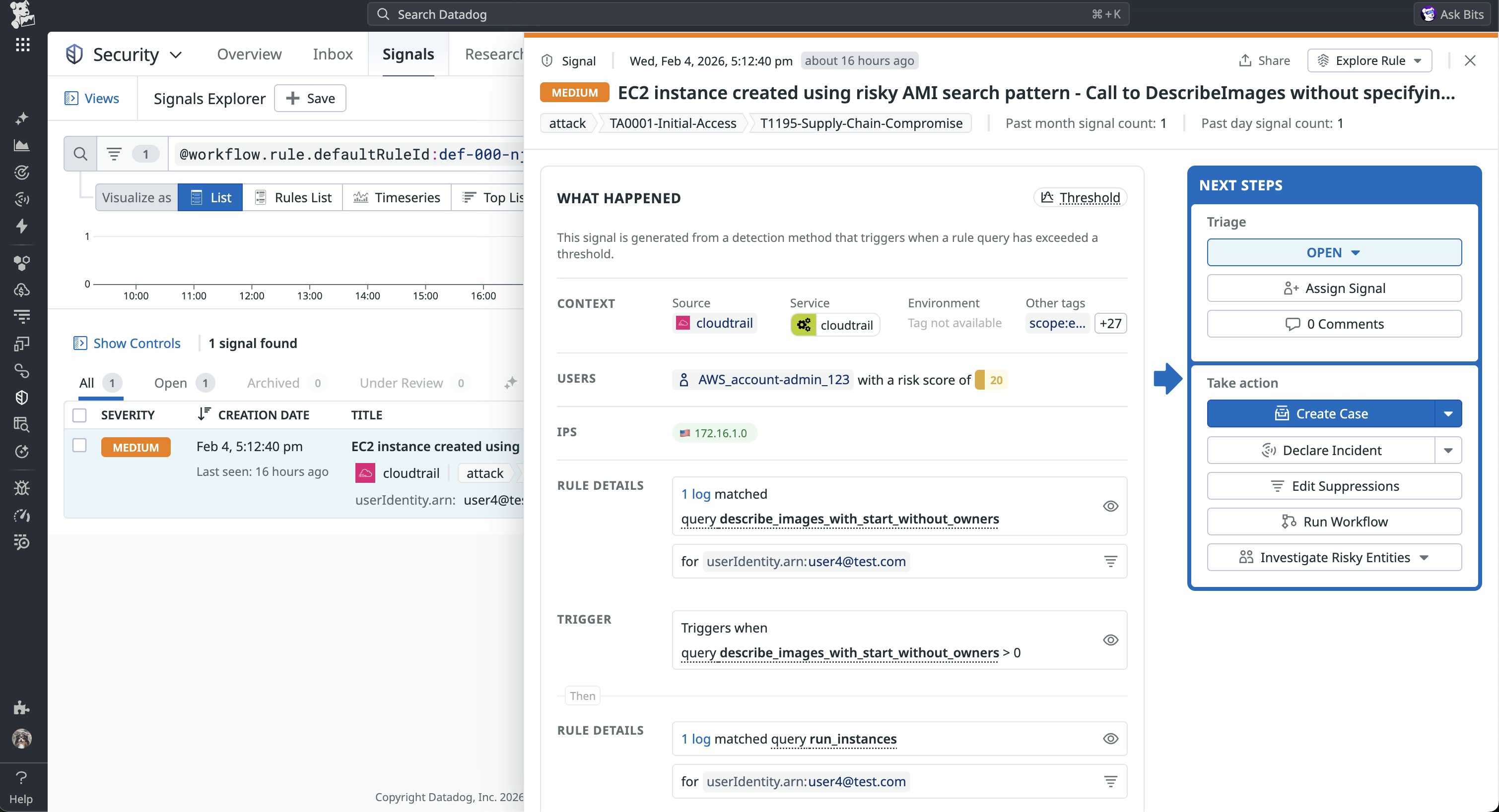 Security signal detailing a medium alert for an EC2 instance launched from a risky AMI, with triage and response actions. Security signal detailing a medium alert for an EC2 instance launched from a risky AMI, with triage and response actions.