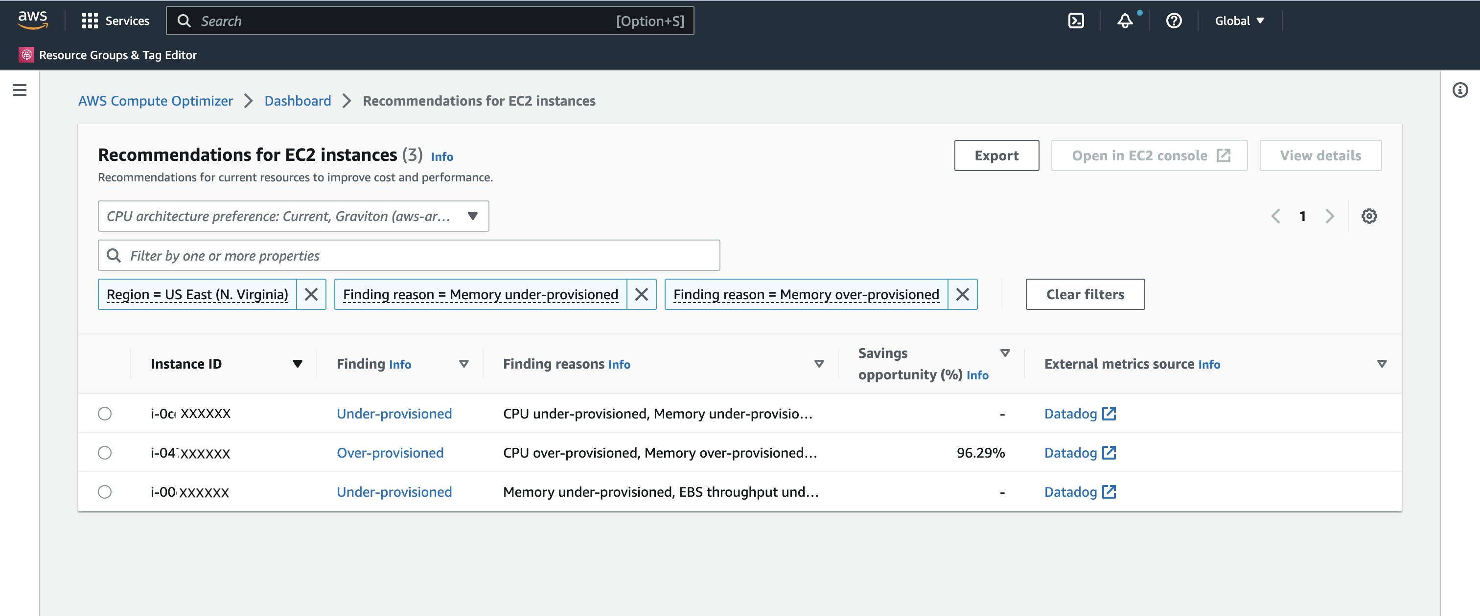 The dashboard for AWS Compute Optimizer, showing two under-provisioned and one over-provisioned resources. The dashboard for AWS Compute Optimizer, showing two under-provisioned and one over-provisioned resources.