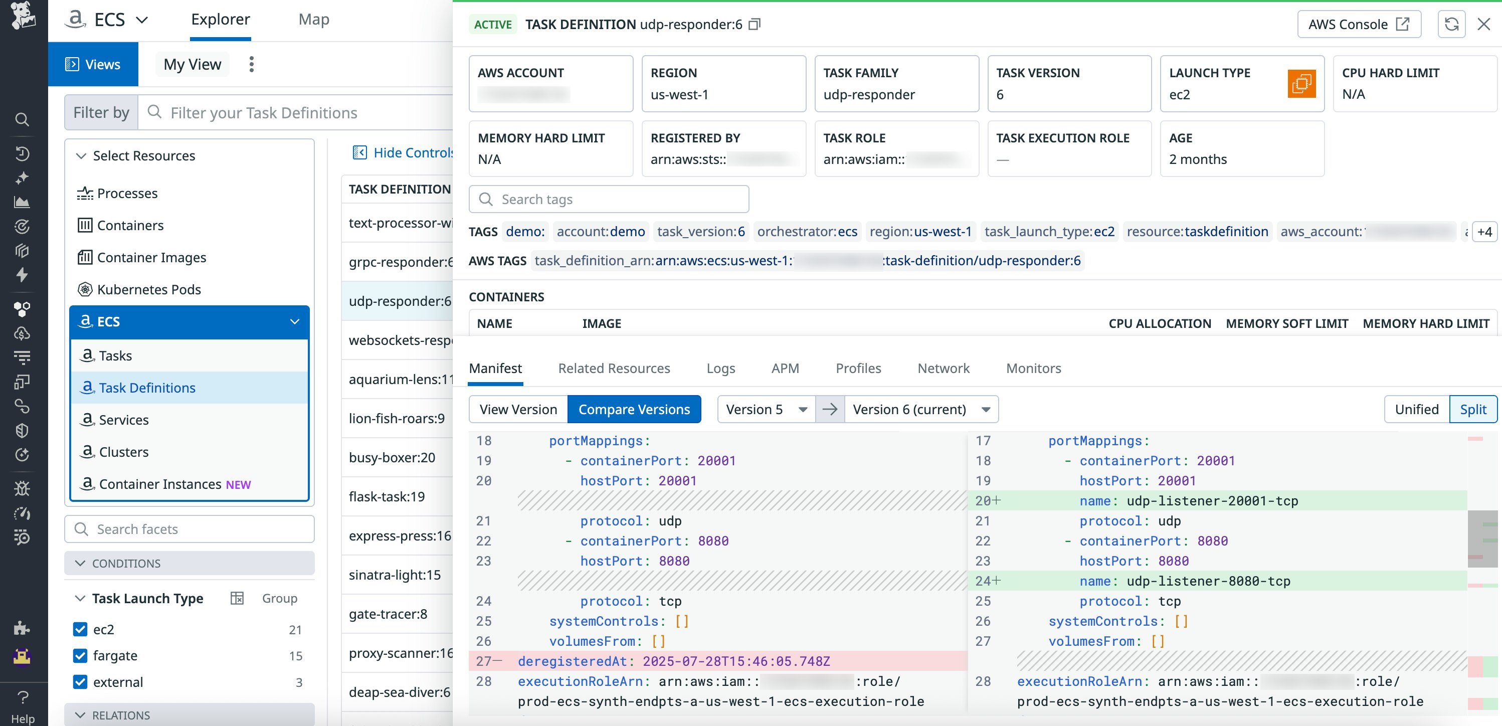 Side-by-side task definition diff showing version changes after deployment. Side-by-side task definition diff showing version changes after deployment.