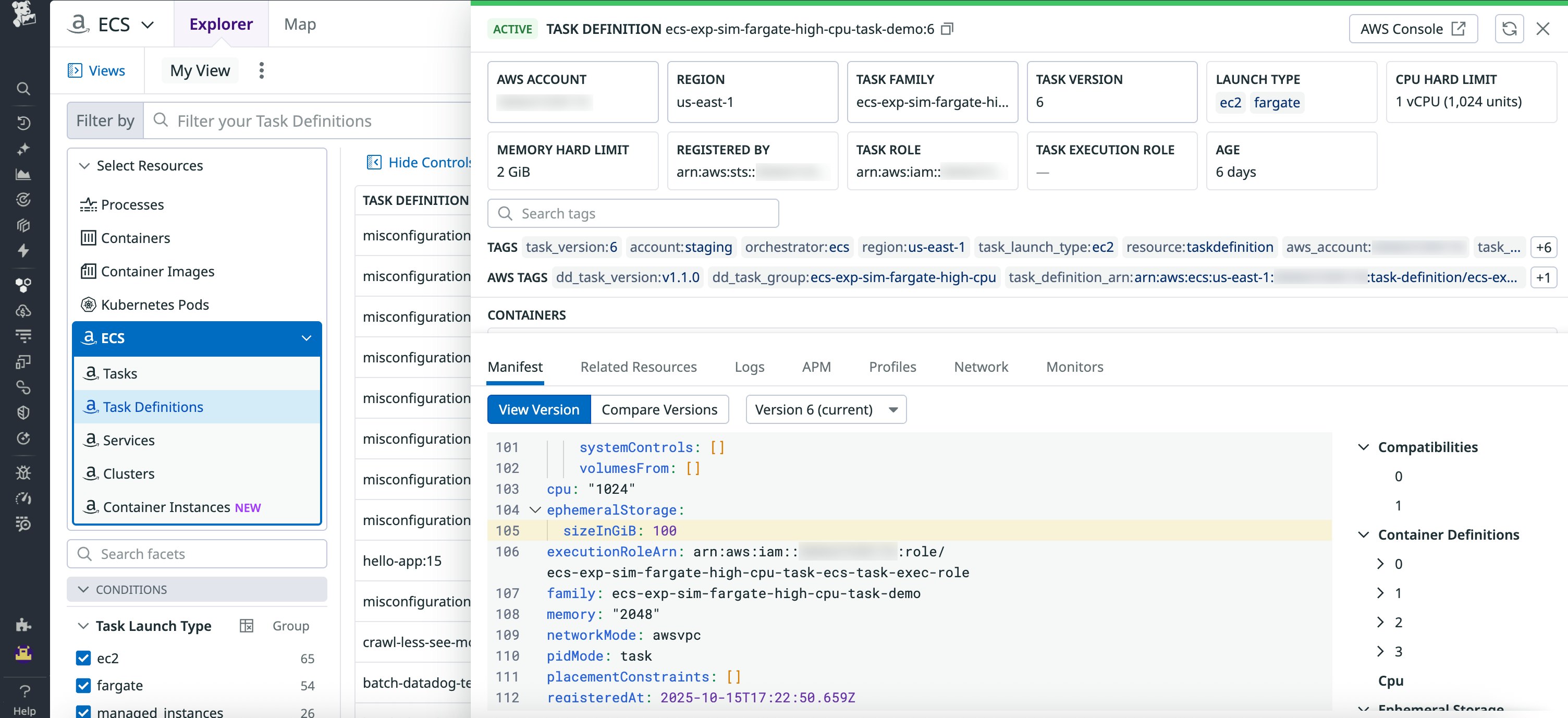 Task view showing ephemeral storage usage, with the JSON definition specifying the `sizeInGiB` value. Task view showing ephemeral storage usage, with the JSON definition specifying the `sizeInGiB` value.