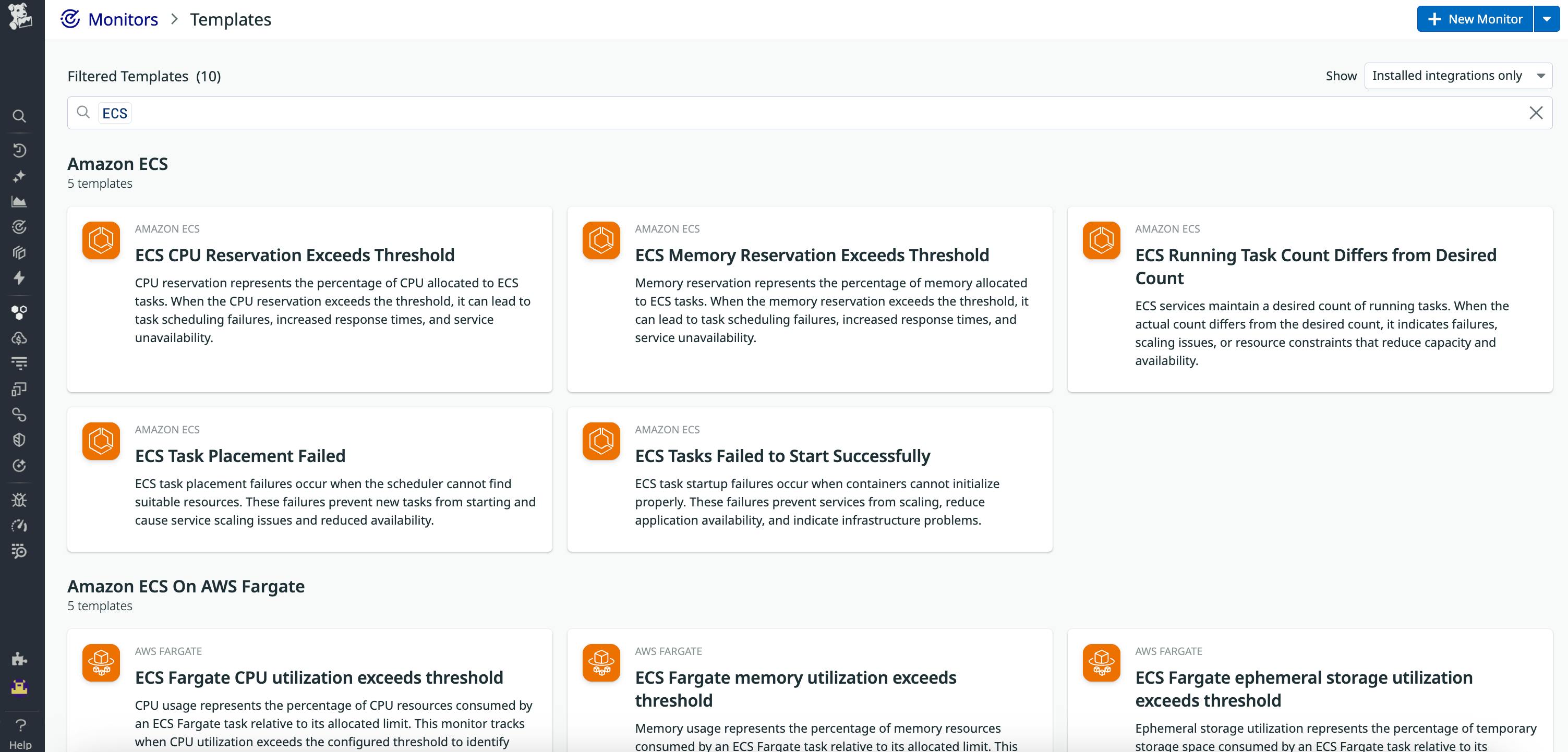 Default monitor options for ECS and Fargate, including CPU, memory, network, and storage thresholds.