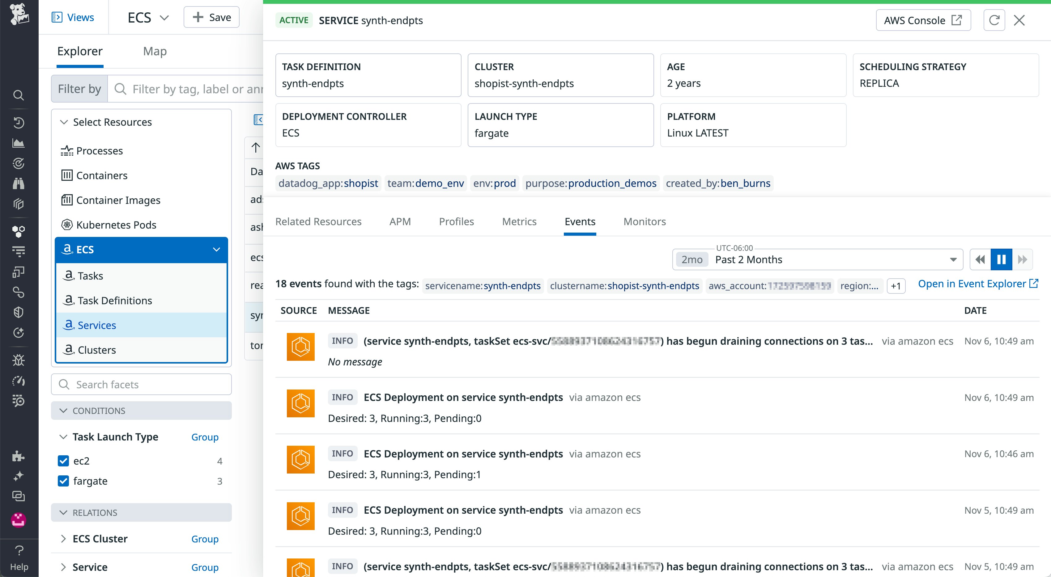 The ECS Explorer shows events from the synth-endpts service. The ECS Explorer shows events from the synth-endpts service.
