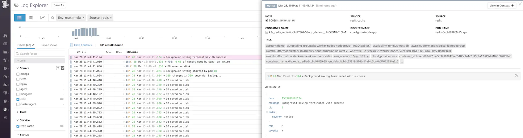 EKS monitoring with Datadog Redis logs