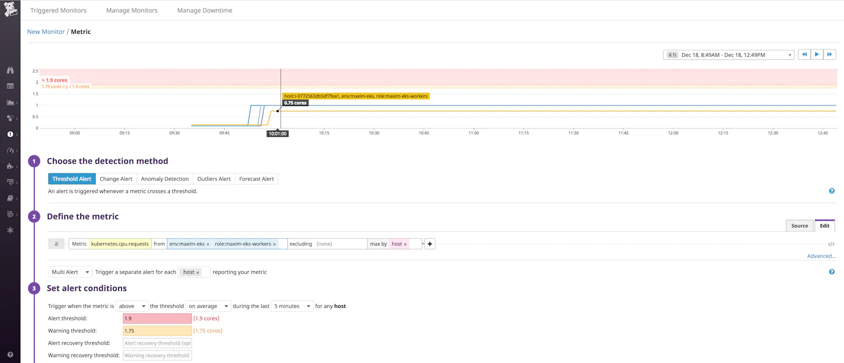 EKS monitoring with Datadog threshold alert