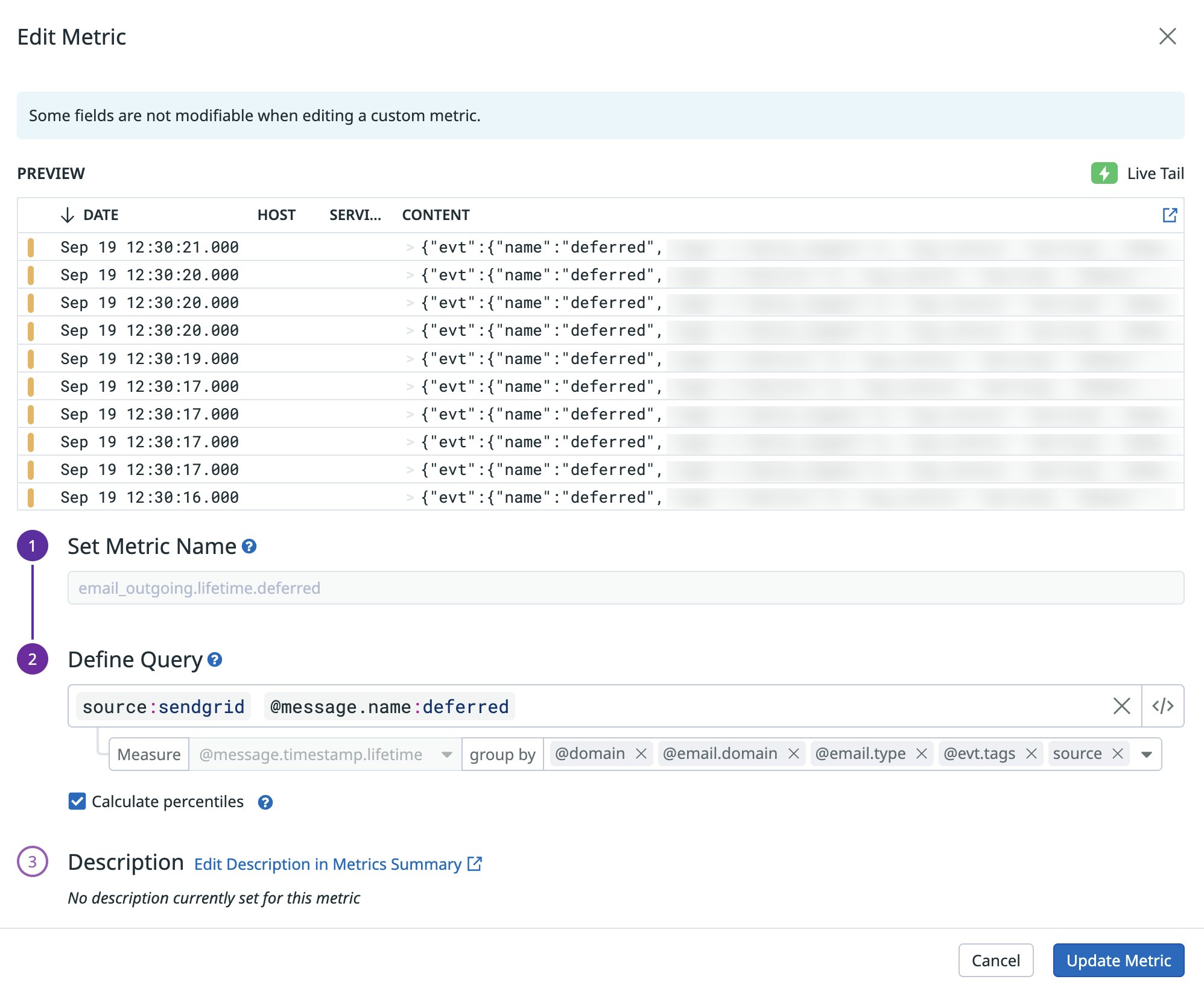 Generating a metric from email tranport logs to track delivery latencies. Generating a metric from email tranport logs to track delivery latencies.