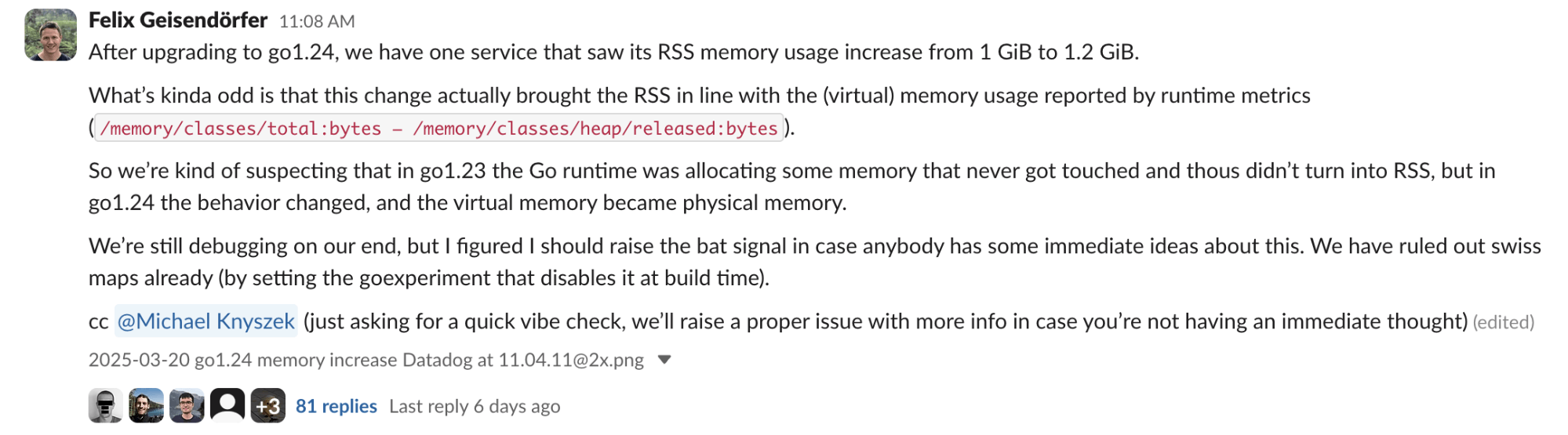 Profile showing that most memory is used by buffered channels. Profile showing that most memory is used by buffered channels.