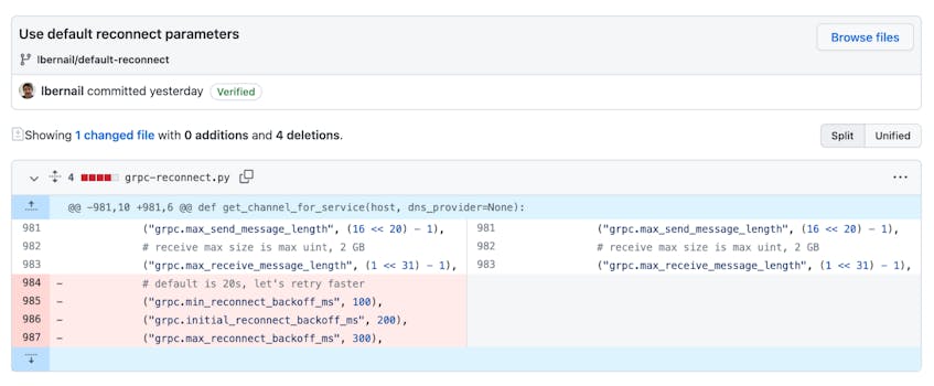 A screenshot of a GitHub diff shows the removal of three lines of code that specify custom reconnect parameters.