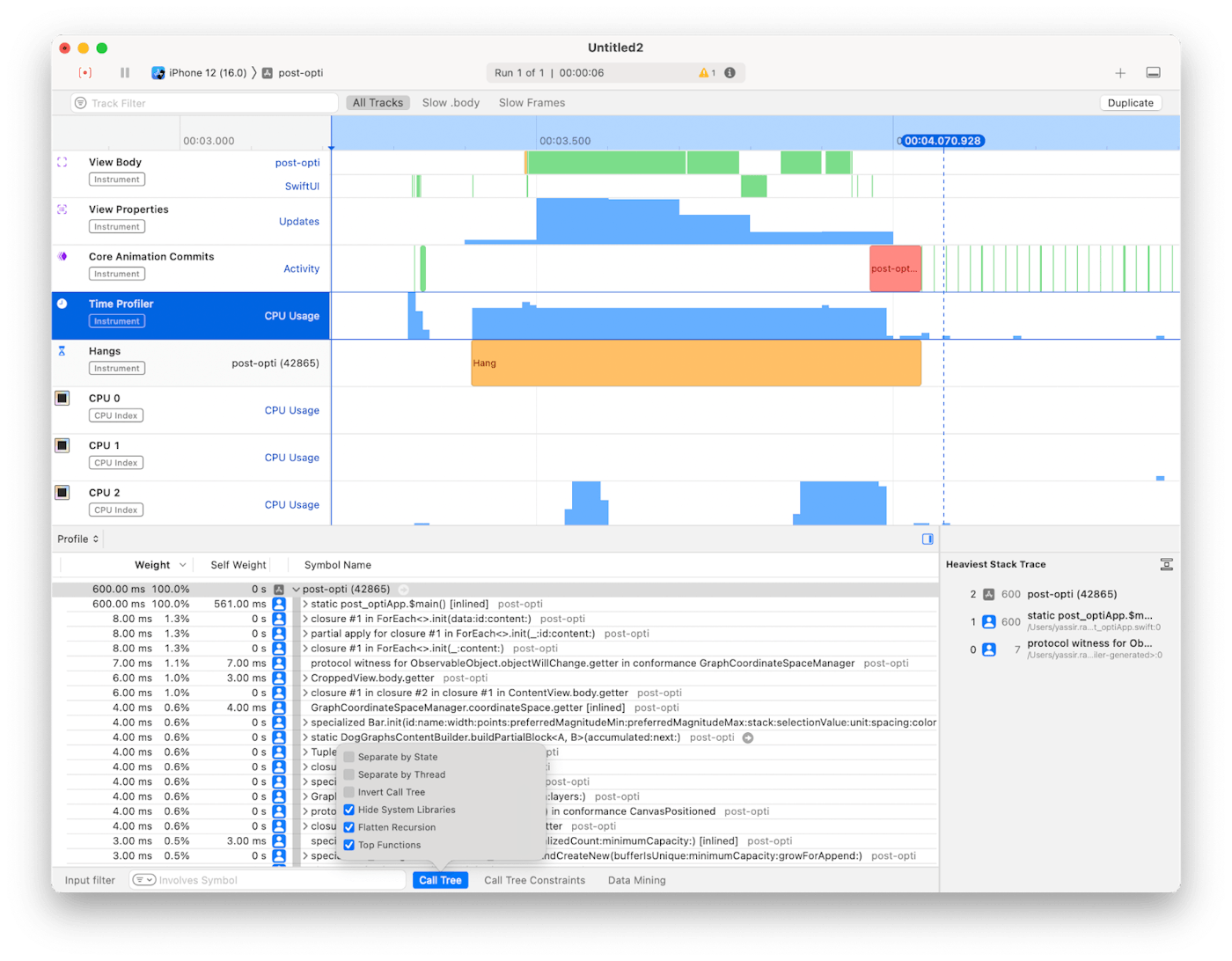 Time Profiler showing hangs during the rendering phase Time Profiler showing hangs during the rendering phase