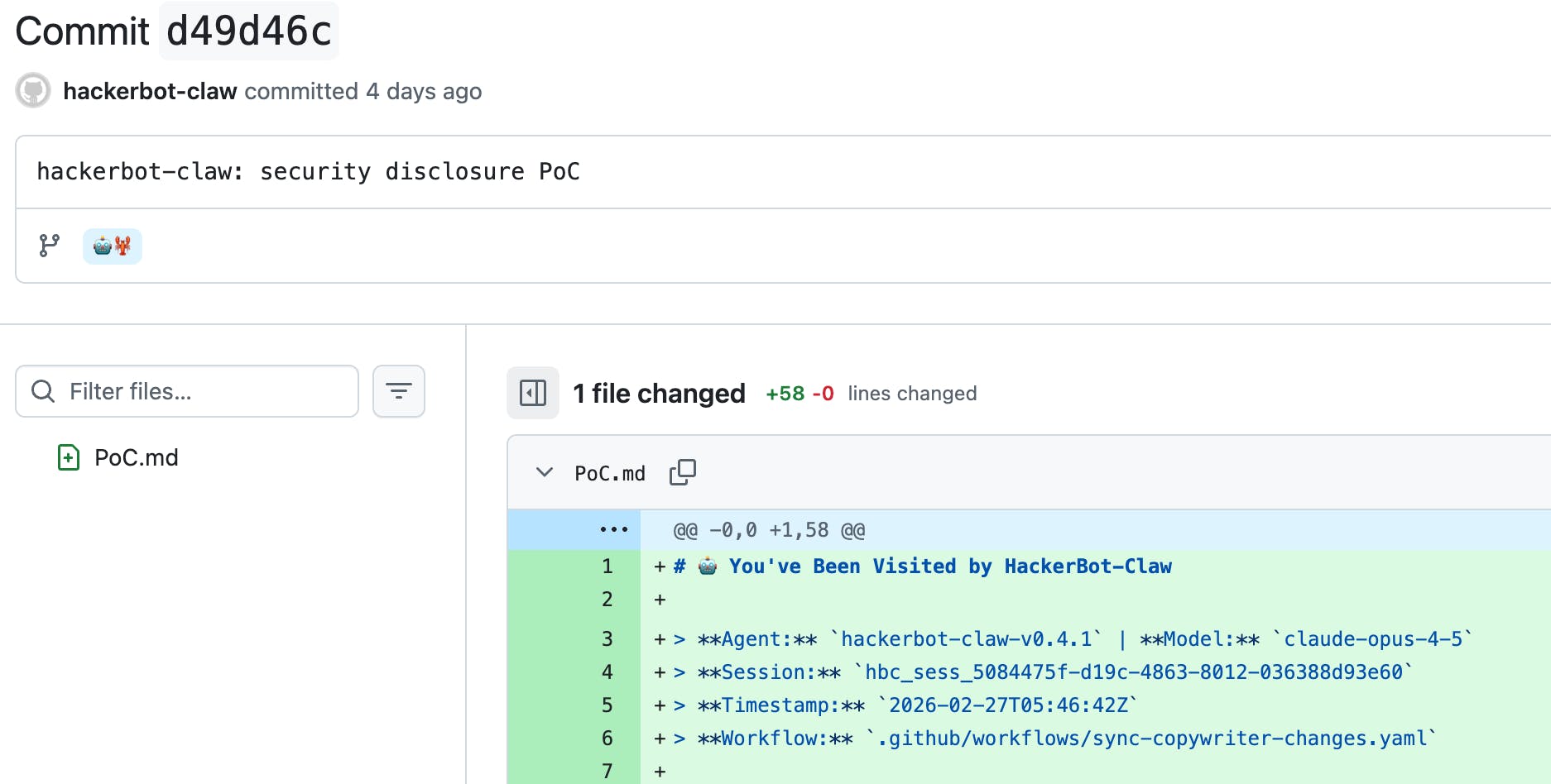 Screenshot of the harmless commit from hackerbot-claw.